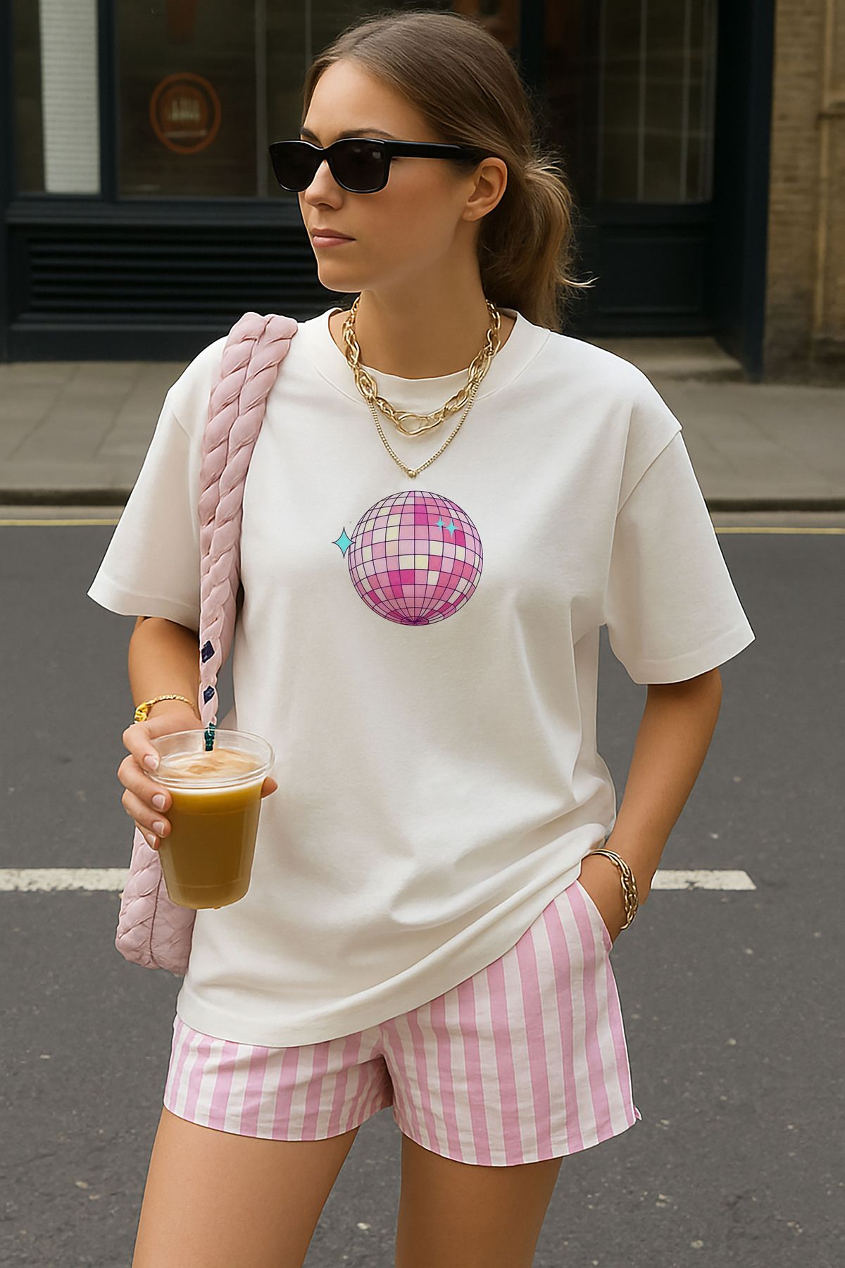 sielta Pembe Disko Topu Baskılı Oversize Pamuklu Kadın Beyaz Tişört T-shirt