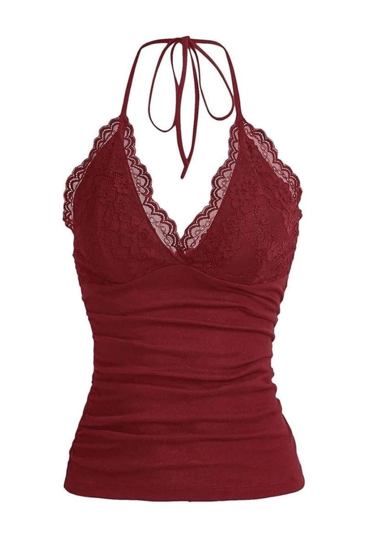 Violon Bordo Dantelli V Yaka Gothic Boyun Bağlamalı Full Body Crop
