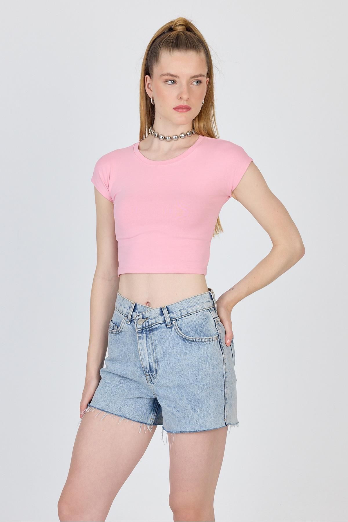 Rays Pembe Bisiklet Yaka Pamuklu Slim Fit Crop Tişört 9199M