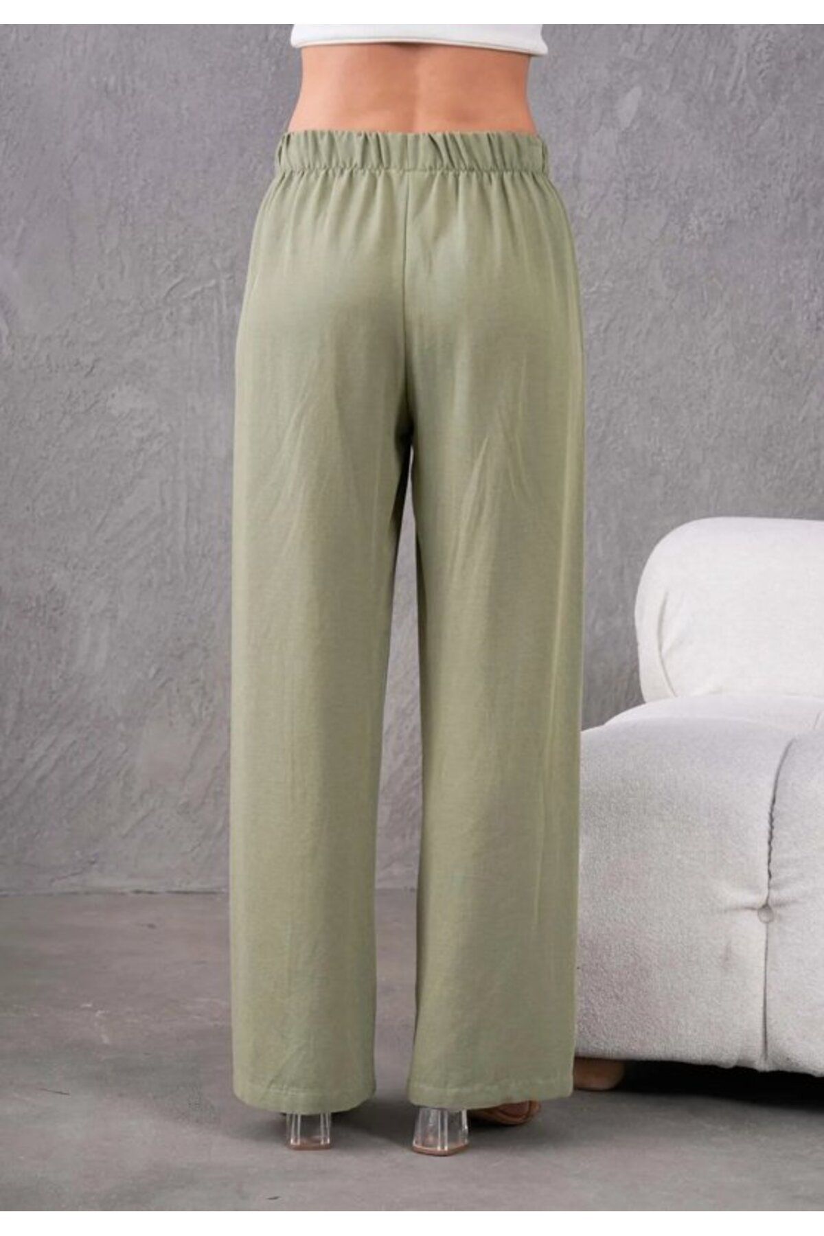Fresh&Moda Kadın Keten Beli Lastikli Rahat Bol Paça Pantalon