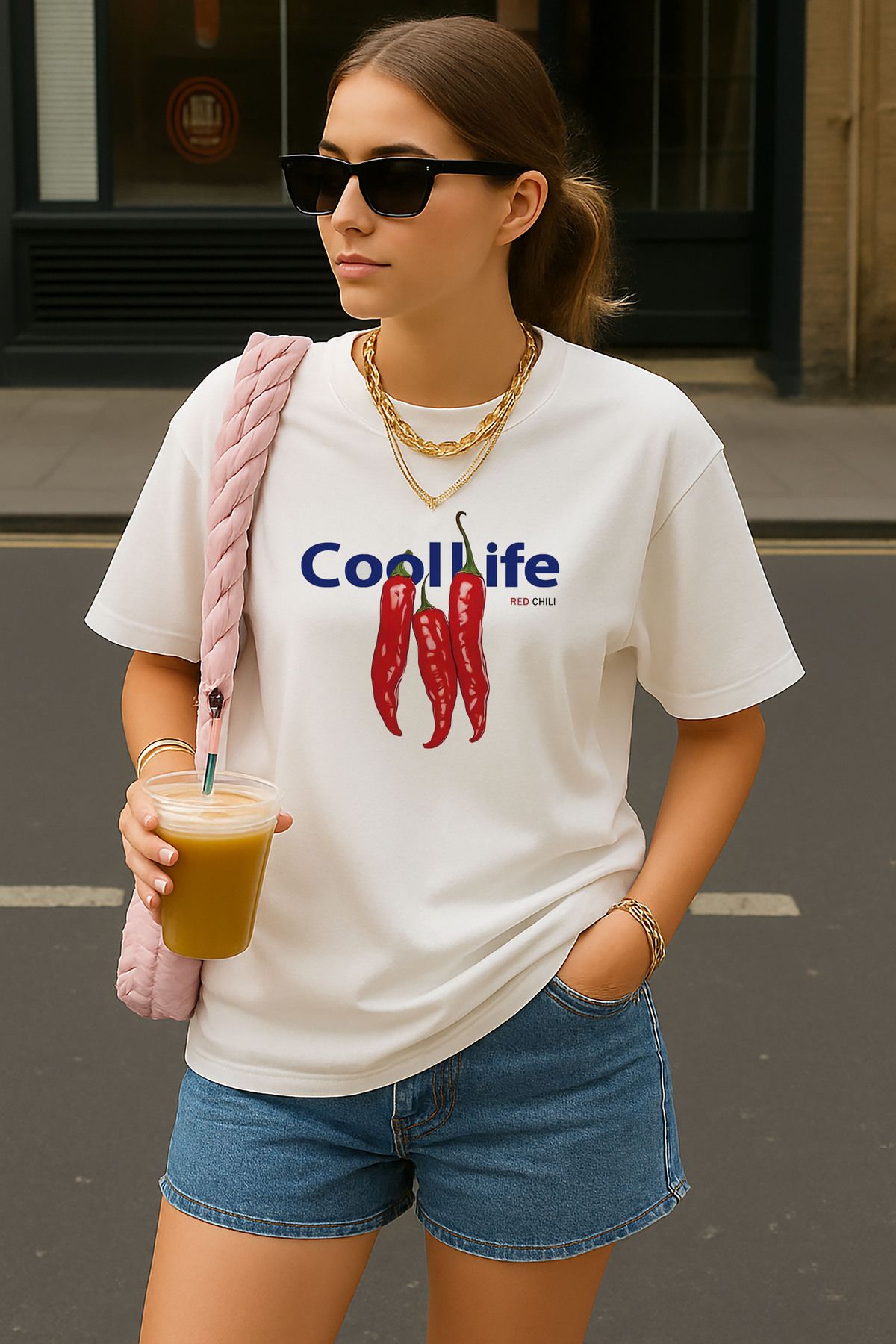 sielta Cool Life Red Chili Baskılı Oversize Pamuklu Kadın Beyaz Tişört T-shirt
