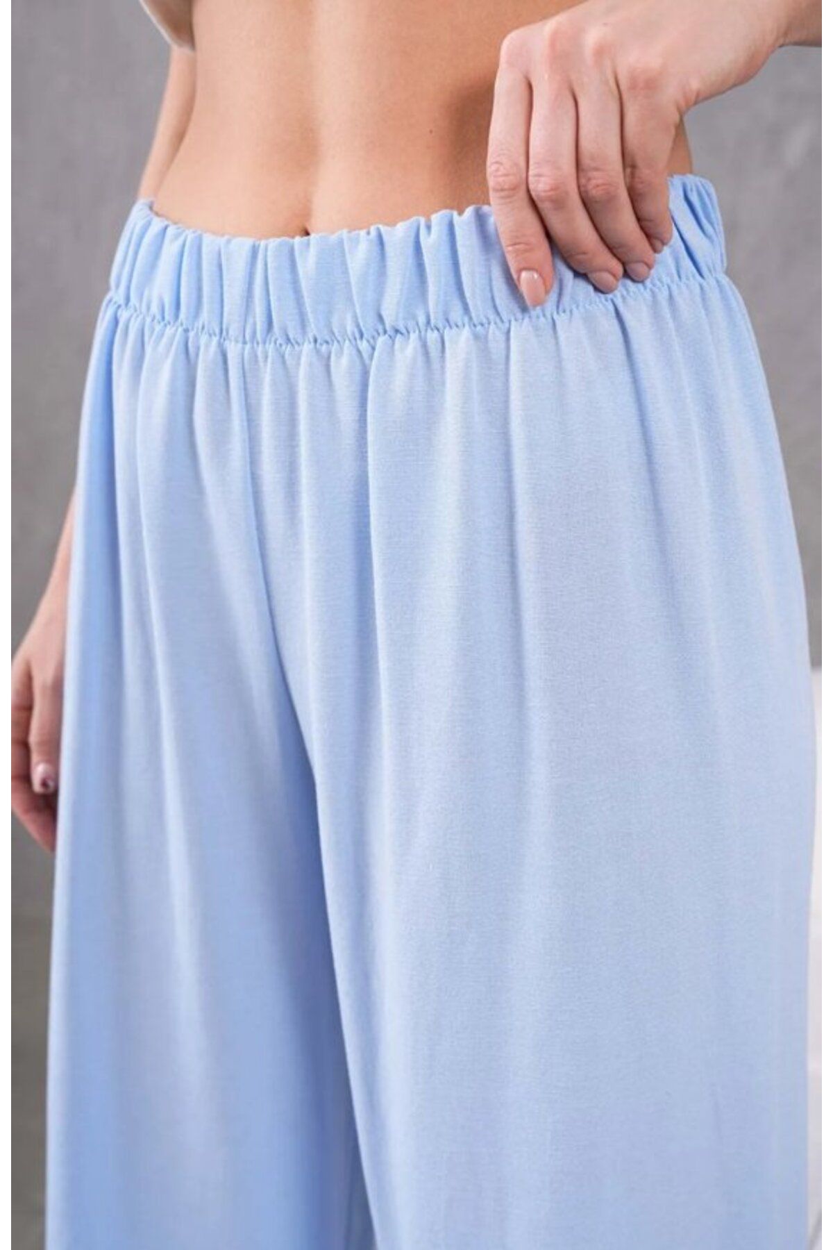 Fresh&Moda Kadın Keten Beli Lastikli Rahat Bol Paça Pantalon