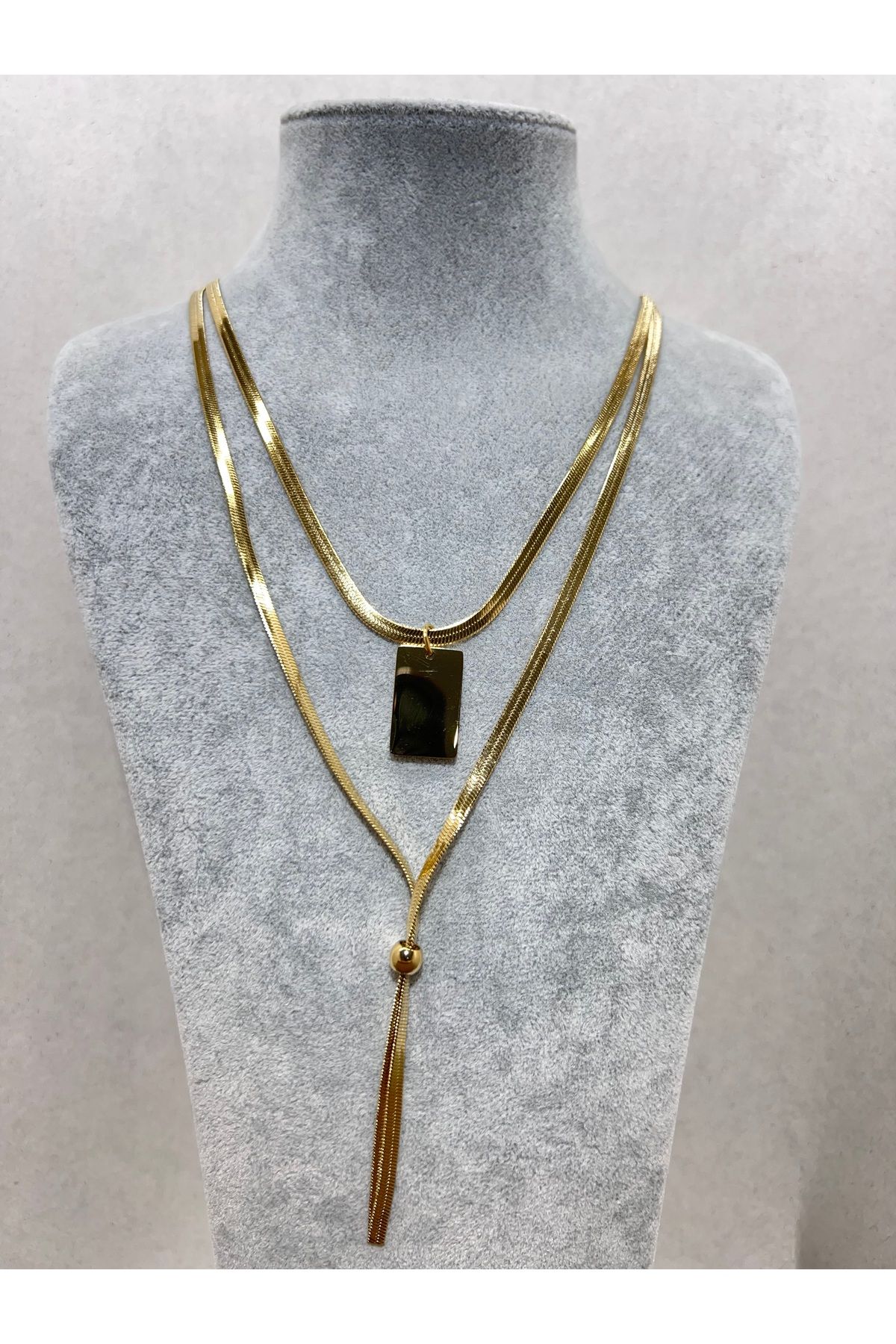 GriMelanj 316L Çelik Gold Renk 2'li İtalyan Zincir Model Plaka Figür Kadın Kolye