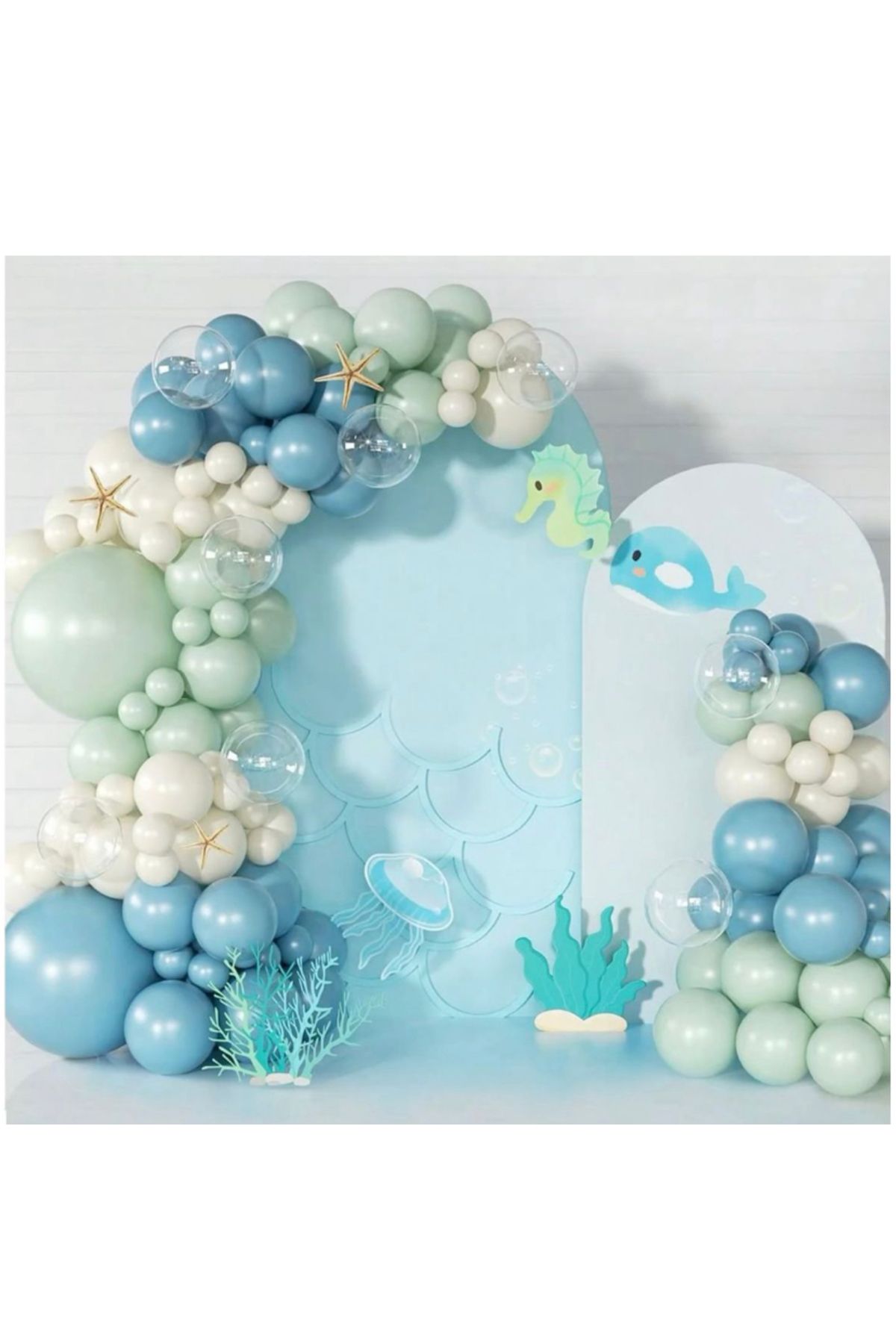 Çemrek Süs Parti Cam Mavi Kış Yeşili Retro White Balon Zinciri Seti 105 li Jumbo ve Şeffaf Balon Dahil
