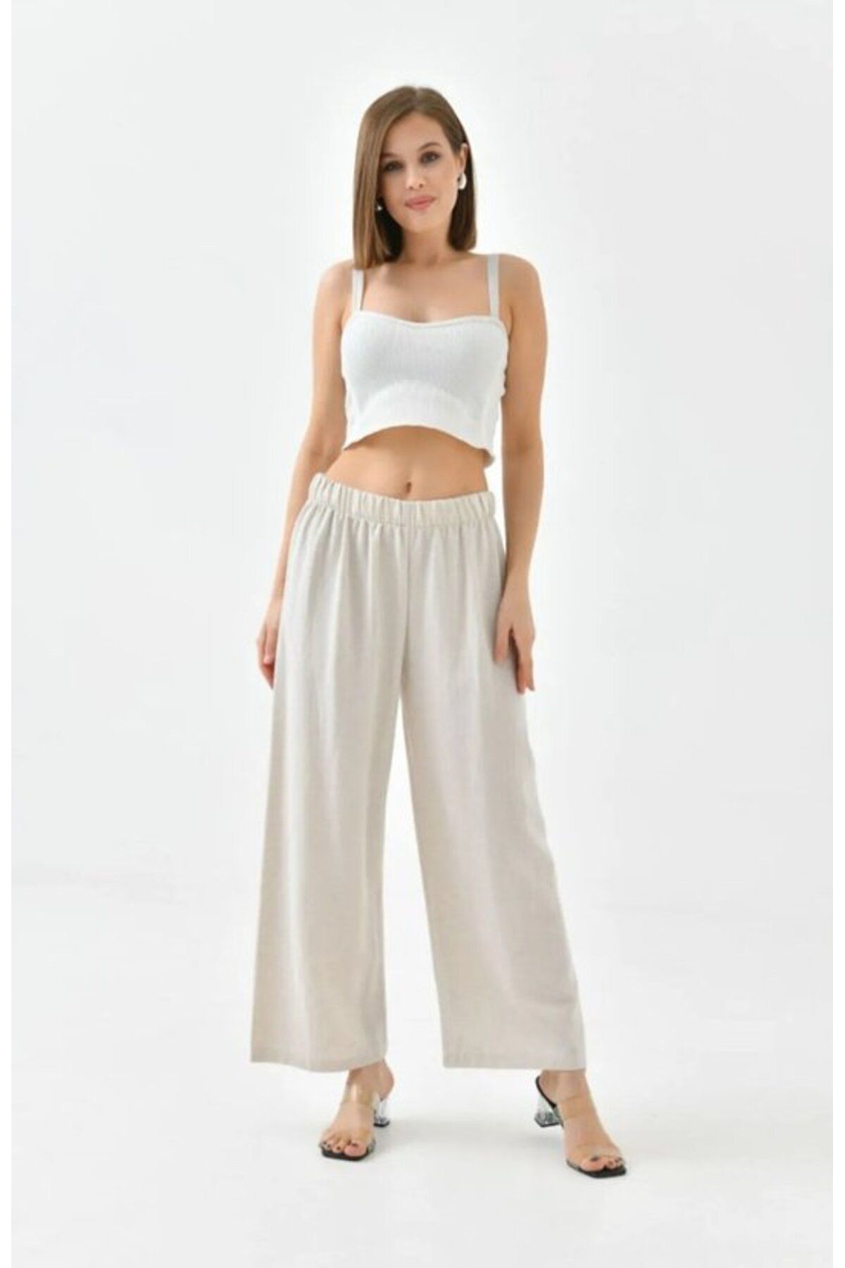 Fresh&Moda Kadın Keten Beli Lastikli Rahat Bol Paça Pantalon