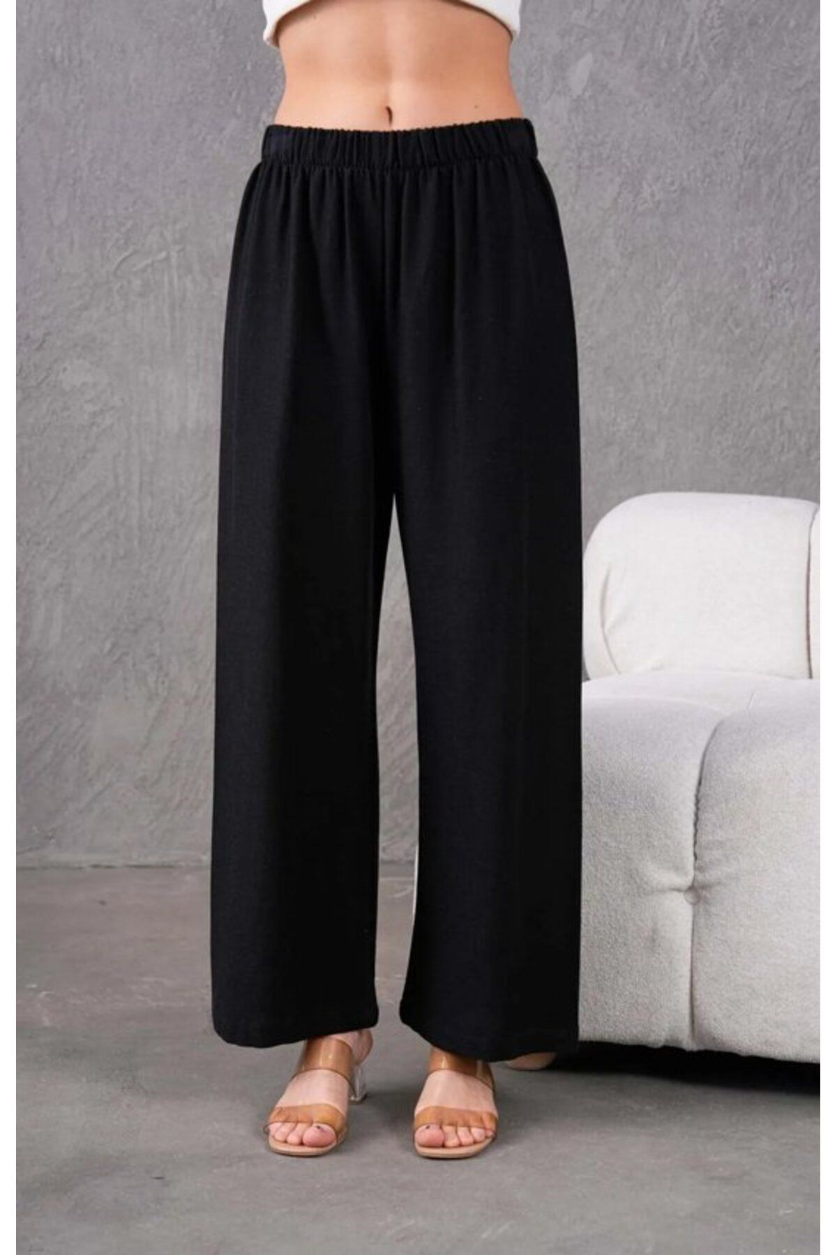 Fresh&Moda Kadın Keten Beli Lastikli Rahat Bol Paça Pantalon