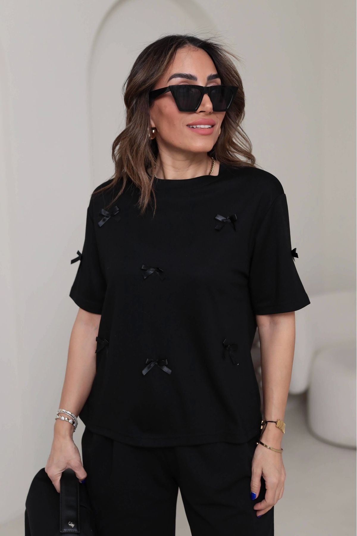 depo tekstil Fiyonklu Siyah T-Shirt