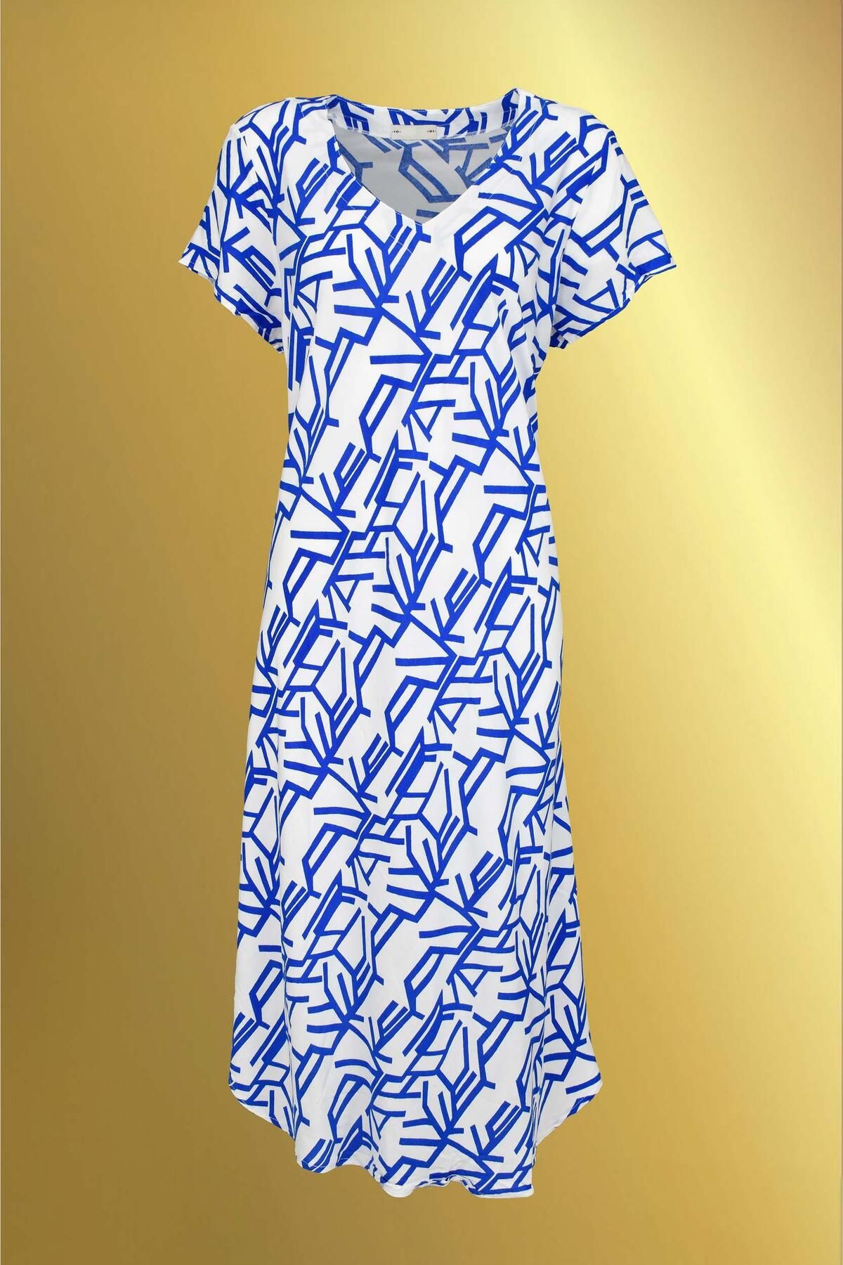 birizmoda KISA KOLLU MAVİ GEOMETRİK DESENLİ BEYAZ MİDİ ELBİSE