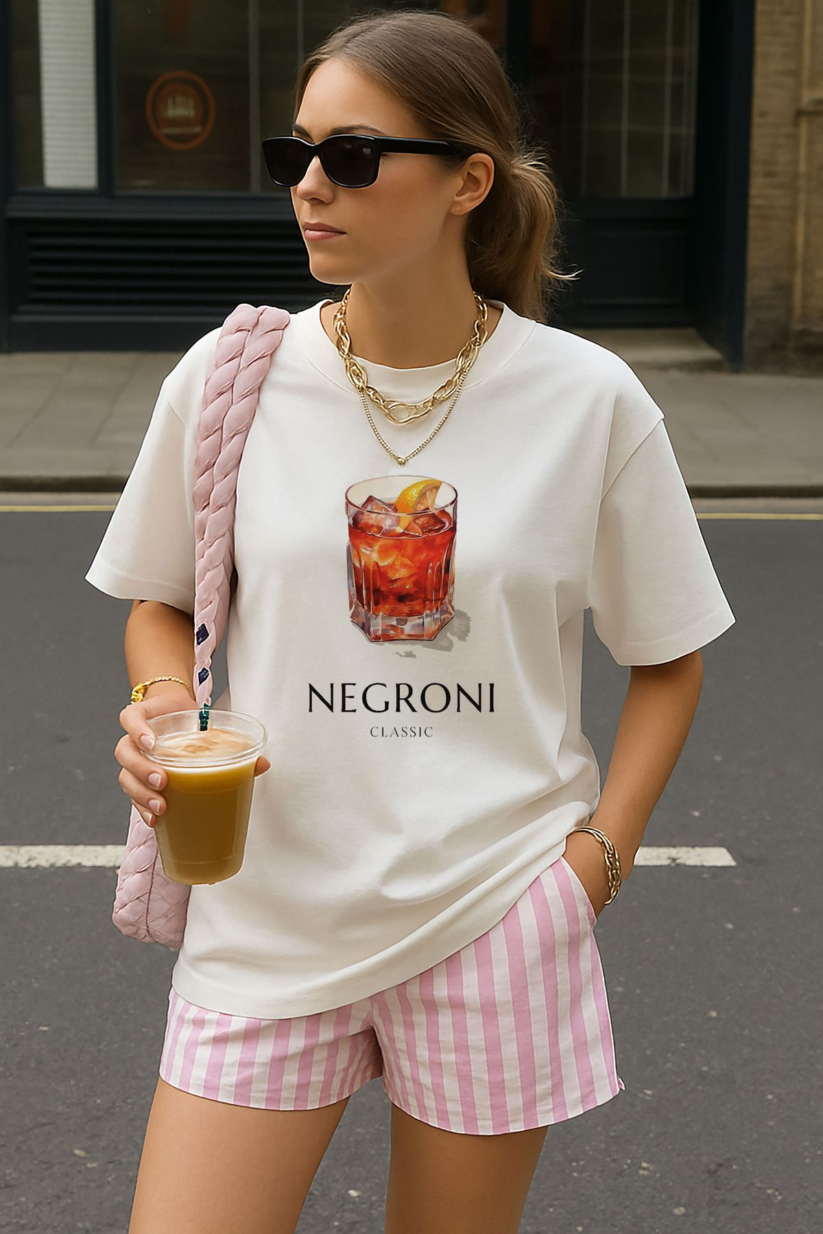 sielta Negroni Kokteyl Baskılı Oversize Pamuklu Kadın Beyaz Tişört T-shirt