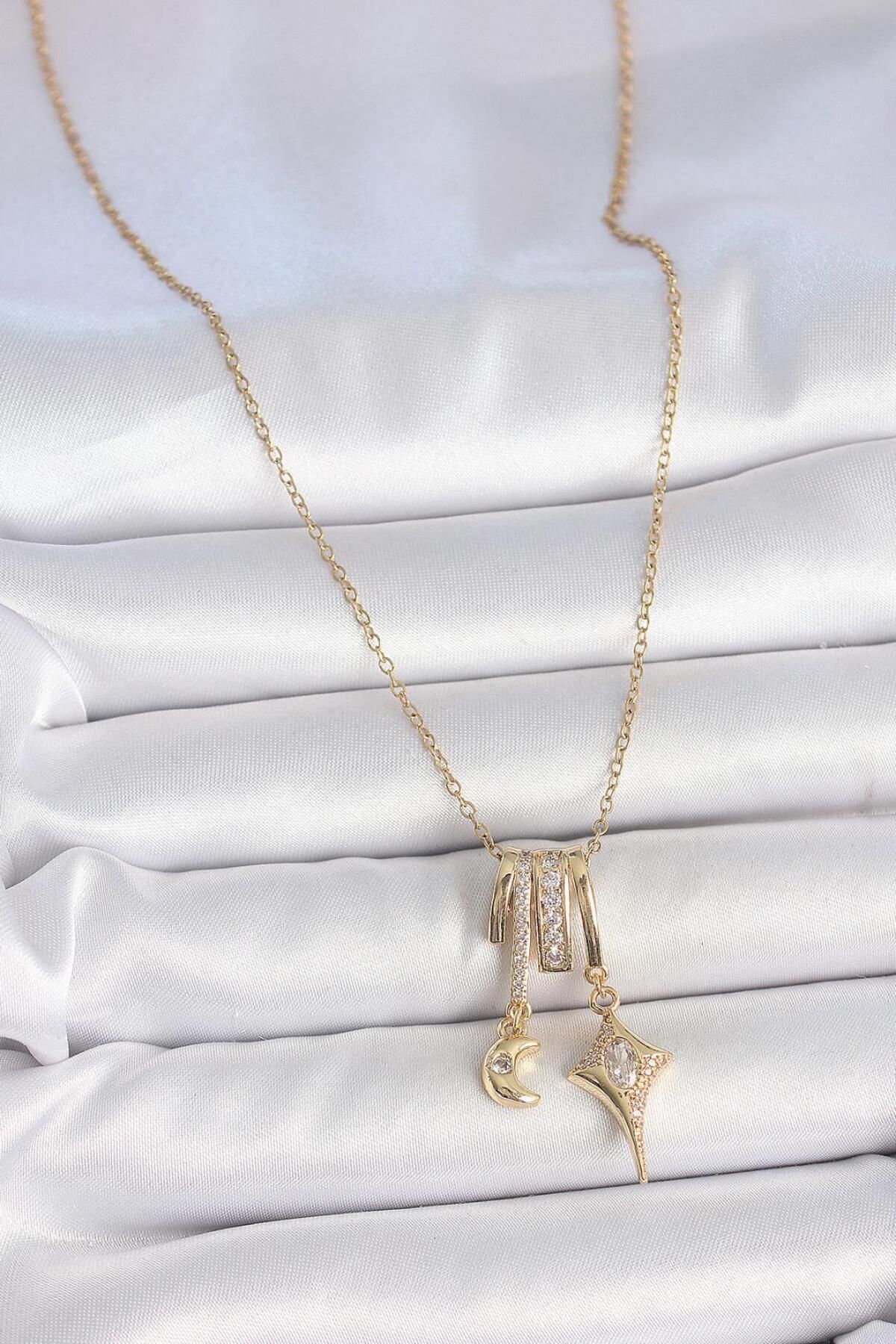 Zendoria Accessory Zirkon Taşlı Sallantılı Ay-Yıldız Kolye – Gold Renk Çelik