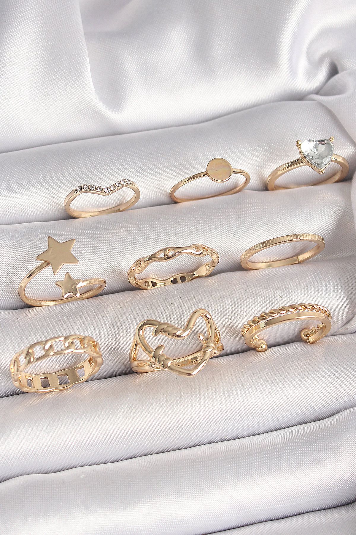 ÖYKÜ VE YİĞİT Pirinç Gold Renk Zirkon Taş Detaylı Kalp Yıldız Figür Kadın Yüzük Kombini - TJ-BYK3662