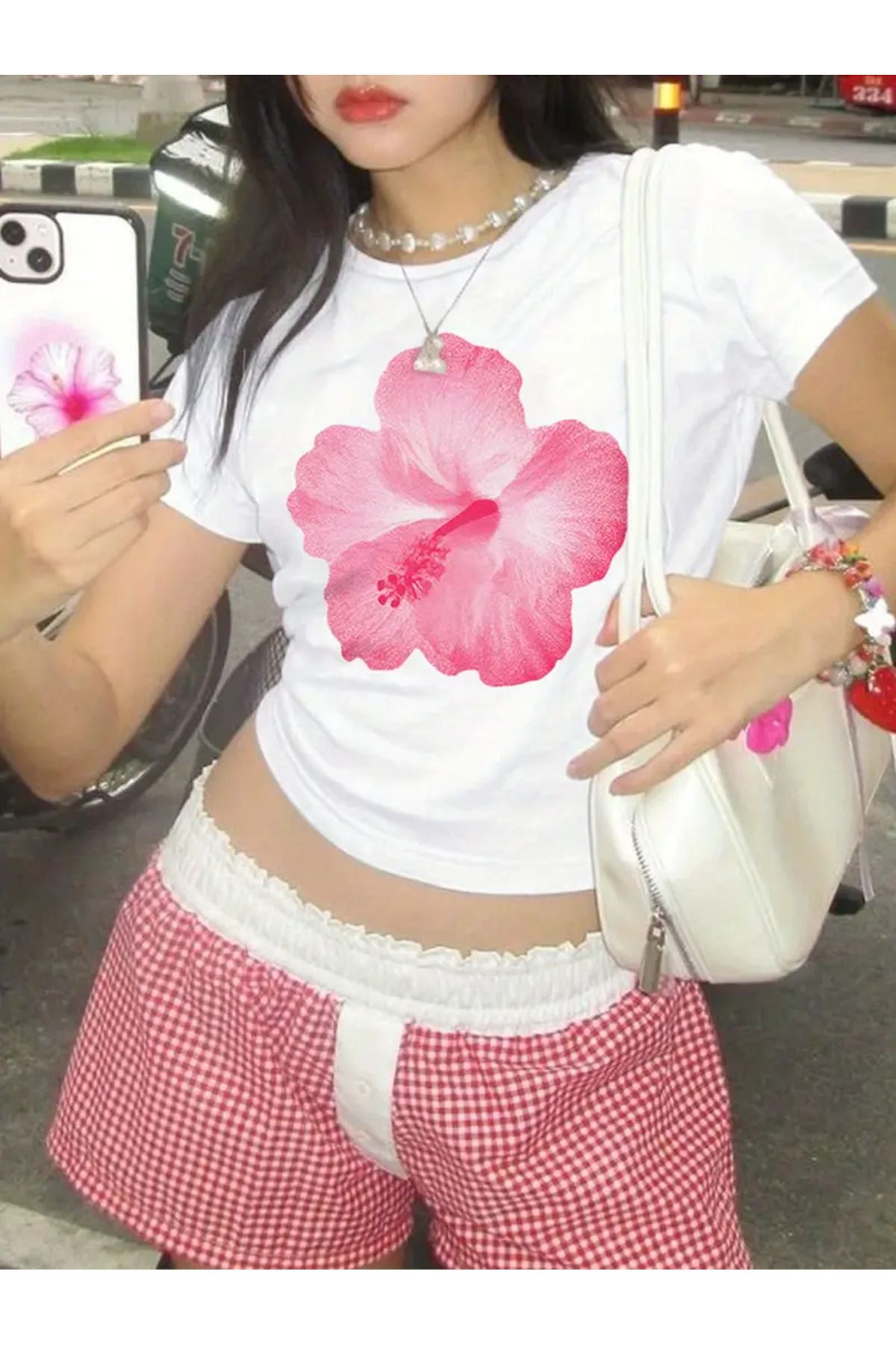 JANSO GROUP -KADIN CROP TSHIRT ÇİÇEK BASKILI PAMUKLU