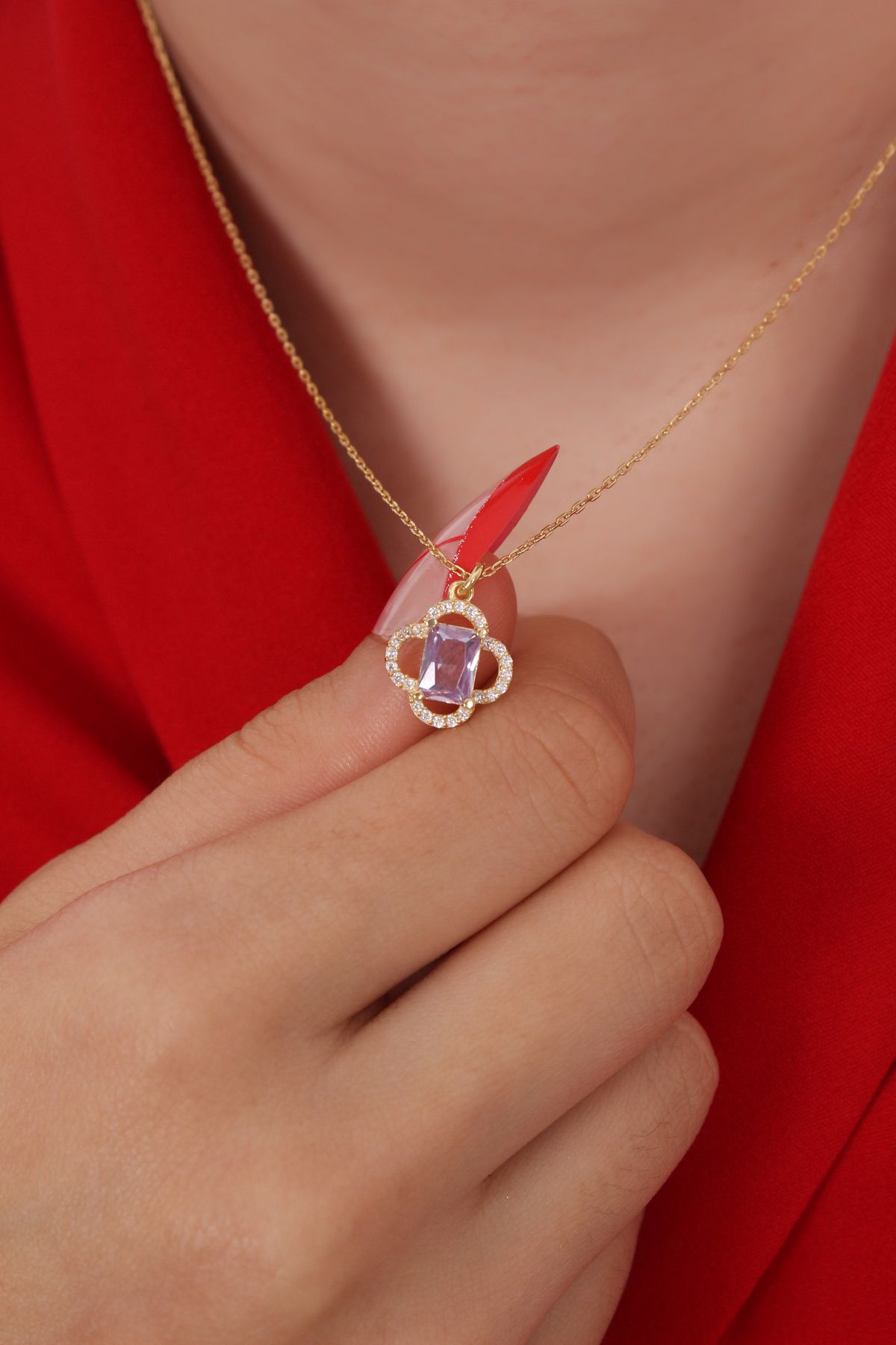 LİNOVE JEWELLERY Alexandrite Baget Kolye, 925 Ayar Gümüş Kolye, Yonca Lila Gümüş Kolye, Lila Taşlı Kolye