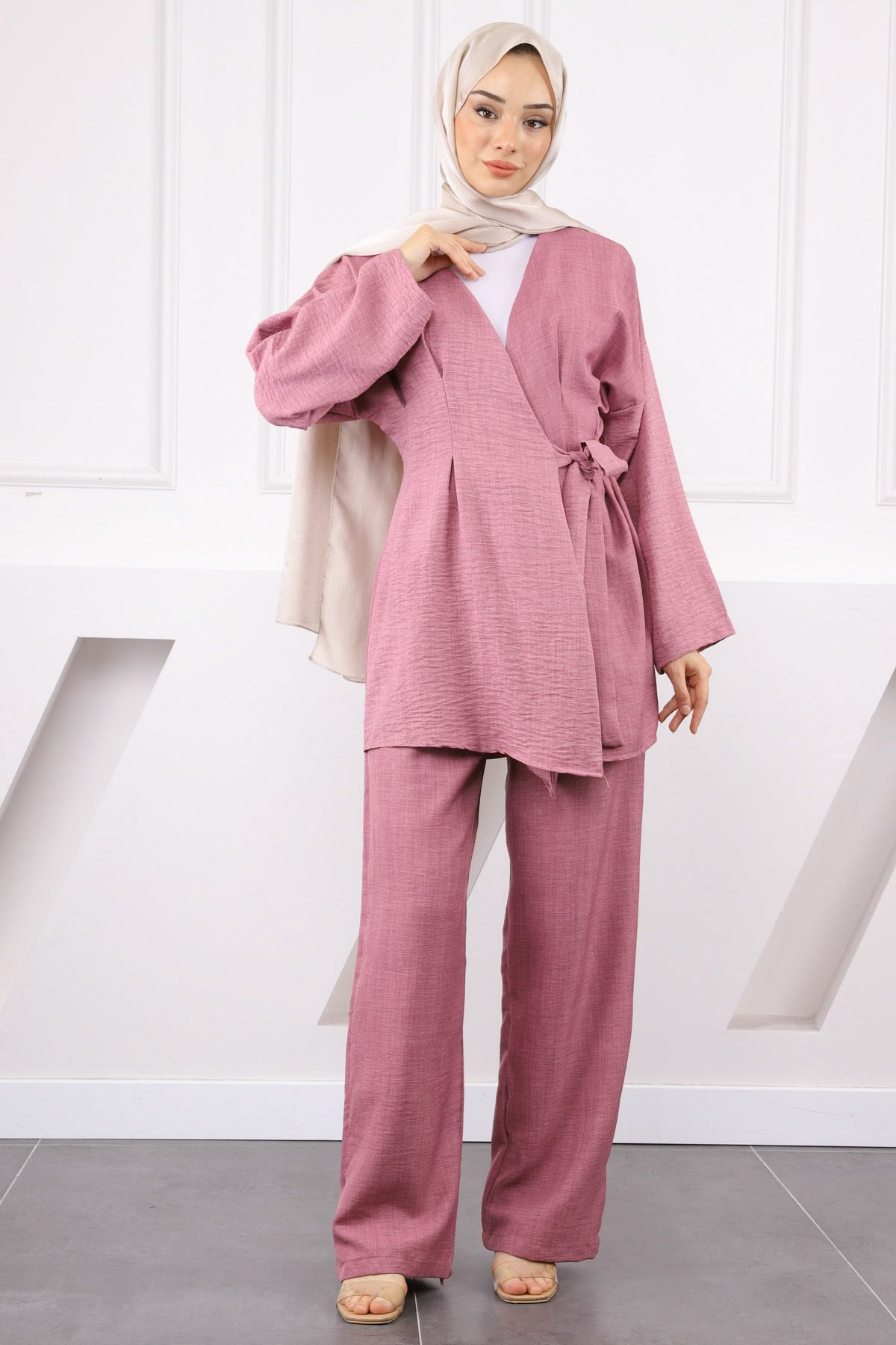 İmajButik Gül Kurusu Çapraz Bağlamalı Keten Kimono Pantolon Takım