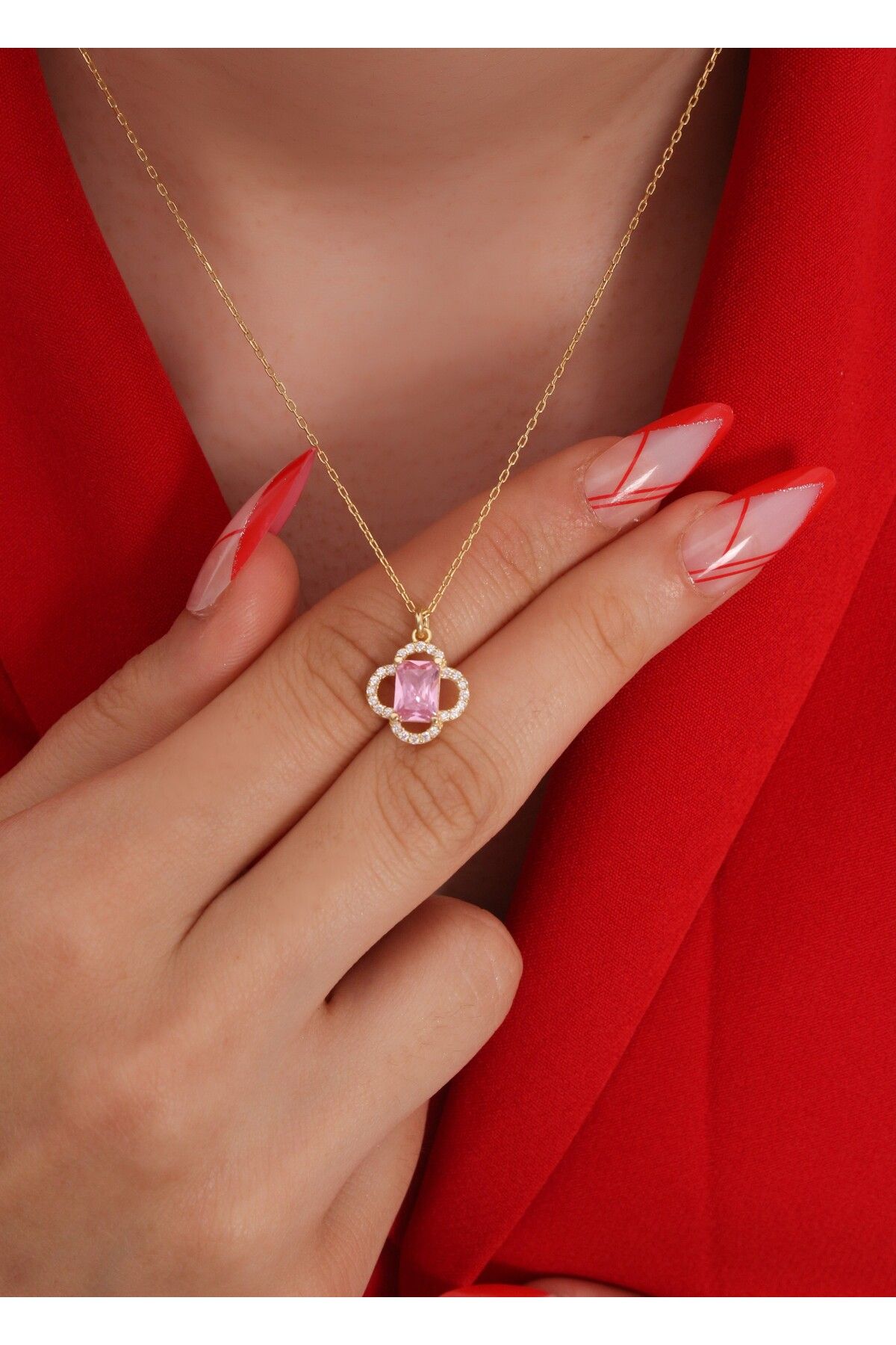 LİNOVE JEWELLERY Pembe Baget Kolye, 925 Ayar Gümüş Kolye, Yonca Gümüş Baget Kolye, Pink Gümüş Kolye