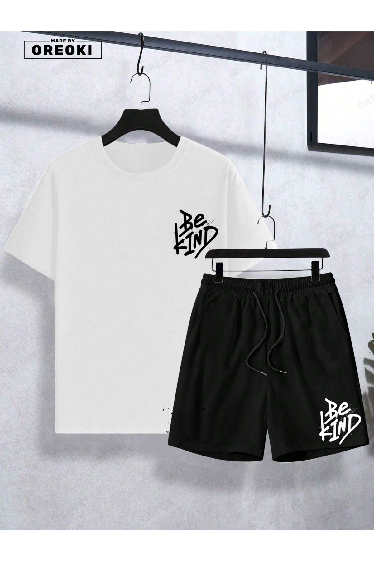 EFFRENATU Nazik Ol Baskılı Pamuklu Kumaş Erkek Beyaz T-shirt- Siyah Şort Takım
