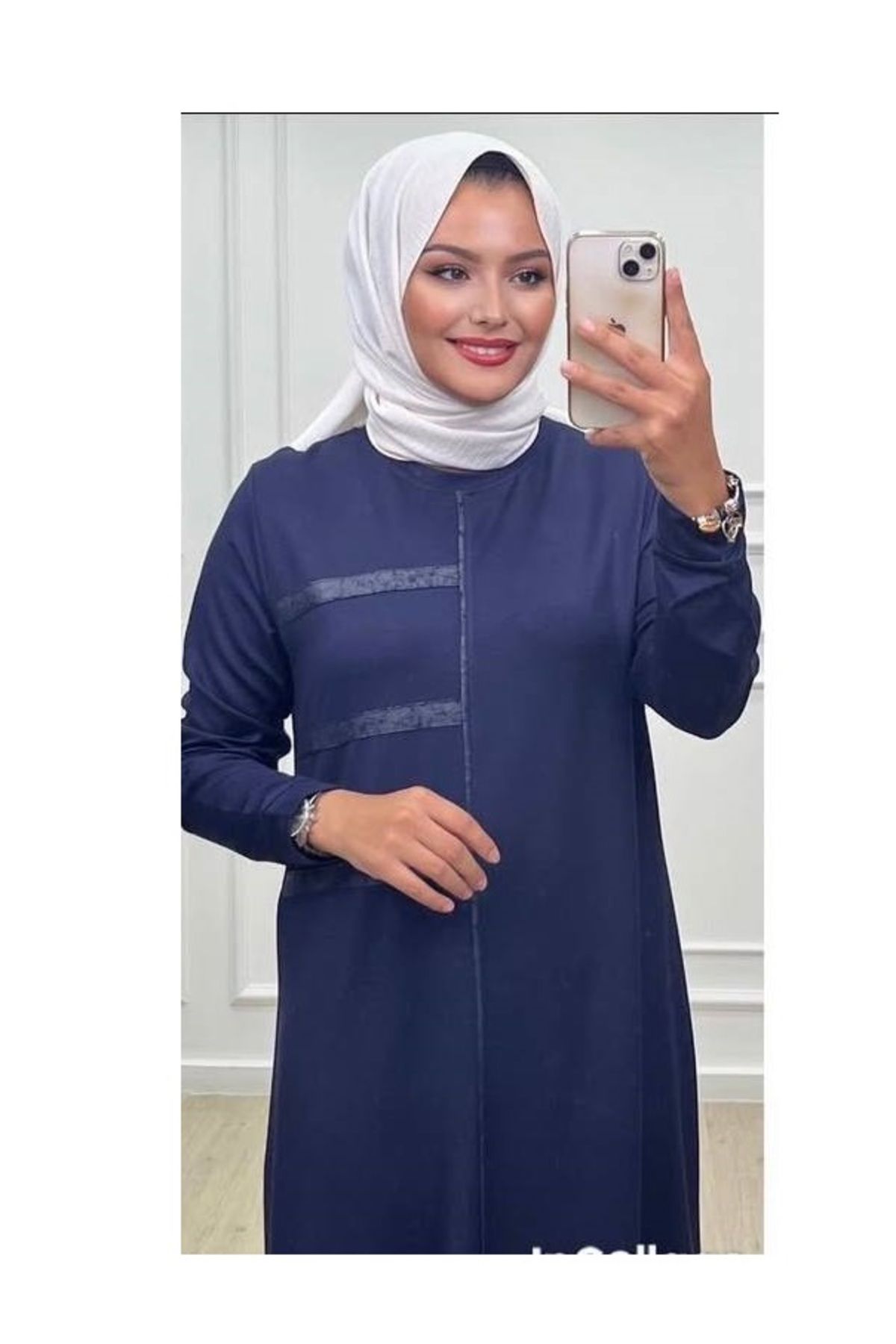 CELTMODA Kadın İki İplik Uzun Tesettür Elbise - Lacivert