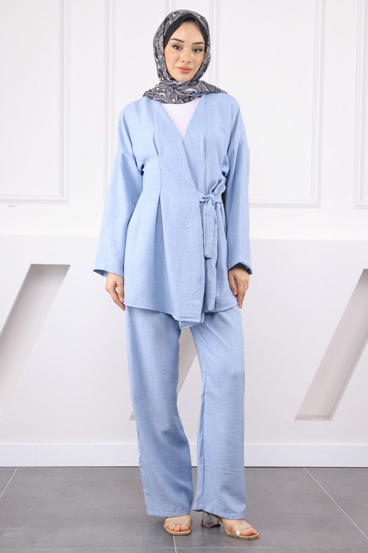 İmajButik Bebe Mavi Çapraz Bağlamalı Keten Kimono Pantolon Takım