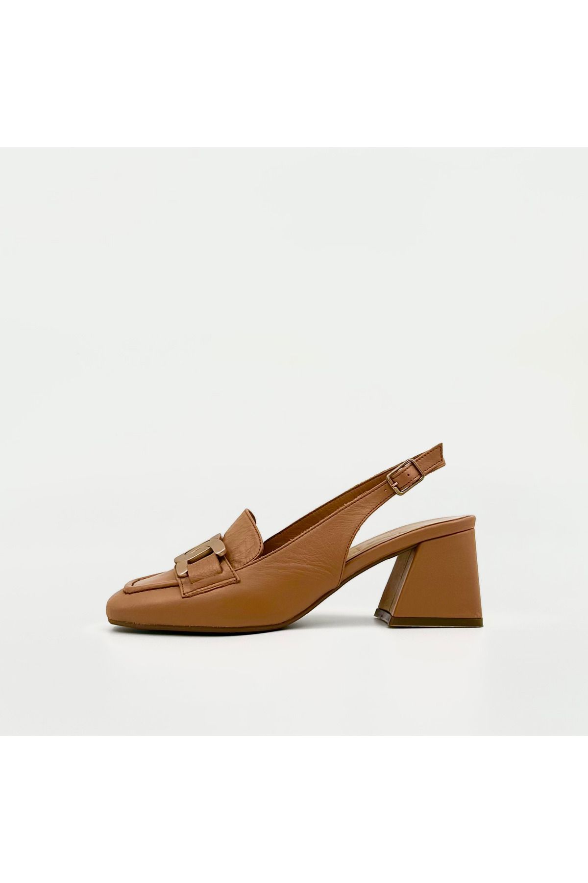 Folle Taba Hakiki Deri Zincir Aksesuarlı Slingback Topuklu Ayakkabı