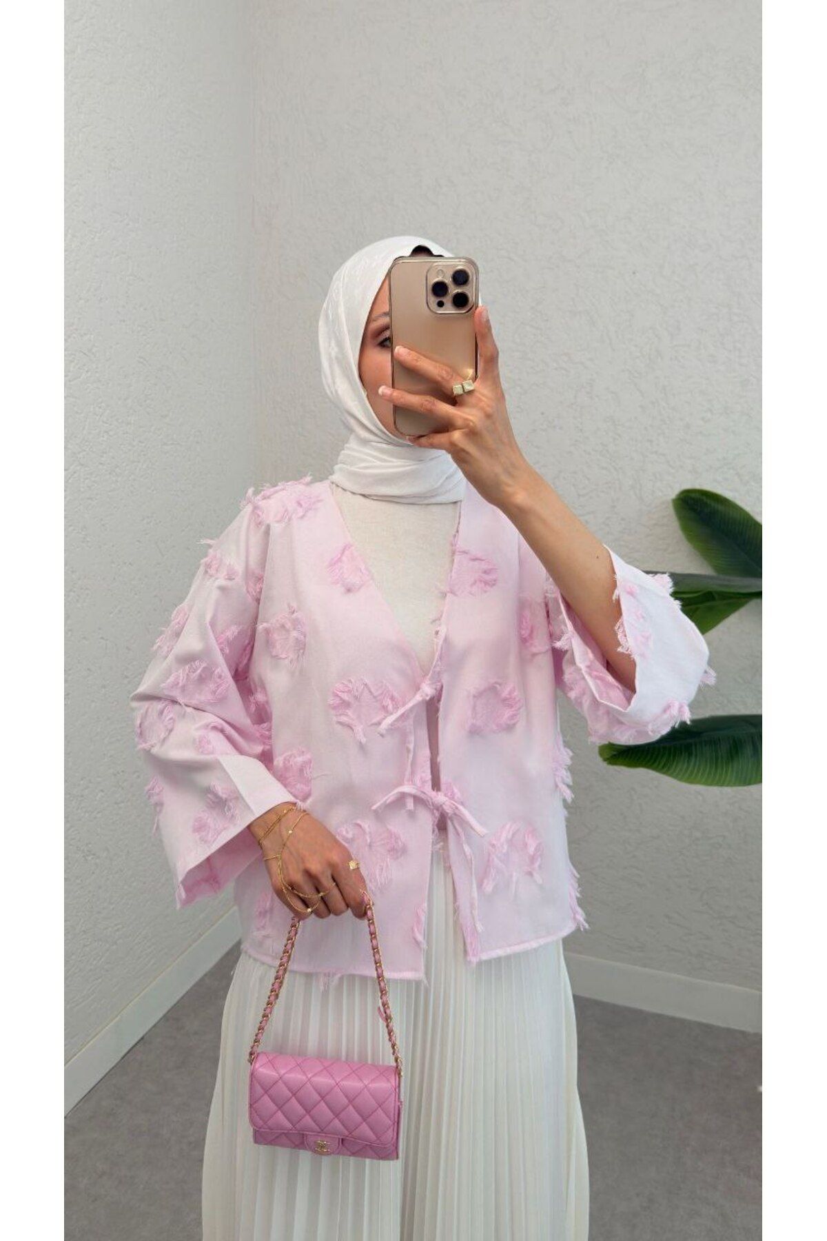 Castivo Fashion Püskül Çiçek Desenli Bağlamalı Dokulu Kısa Ceket