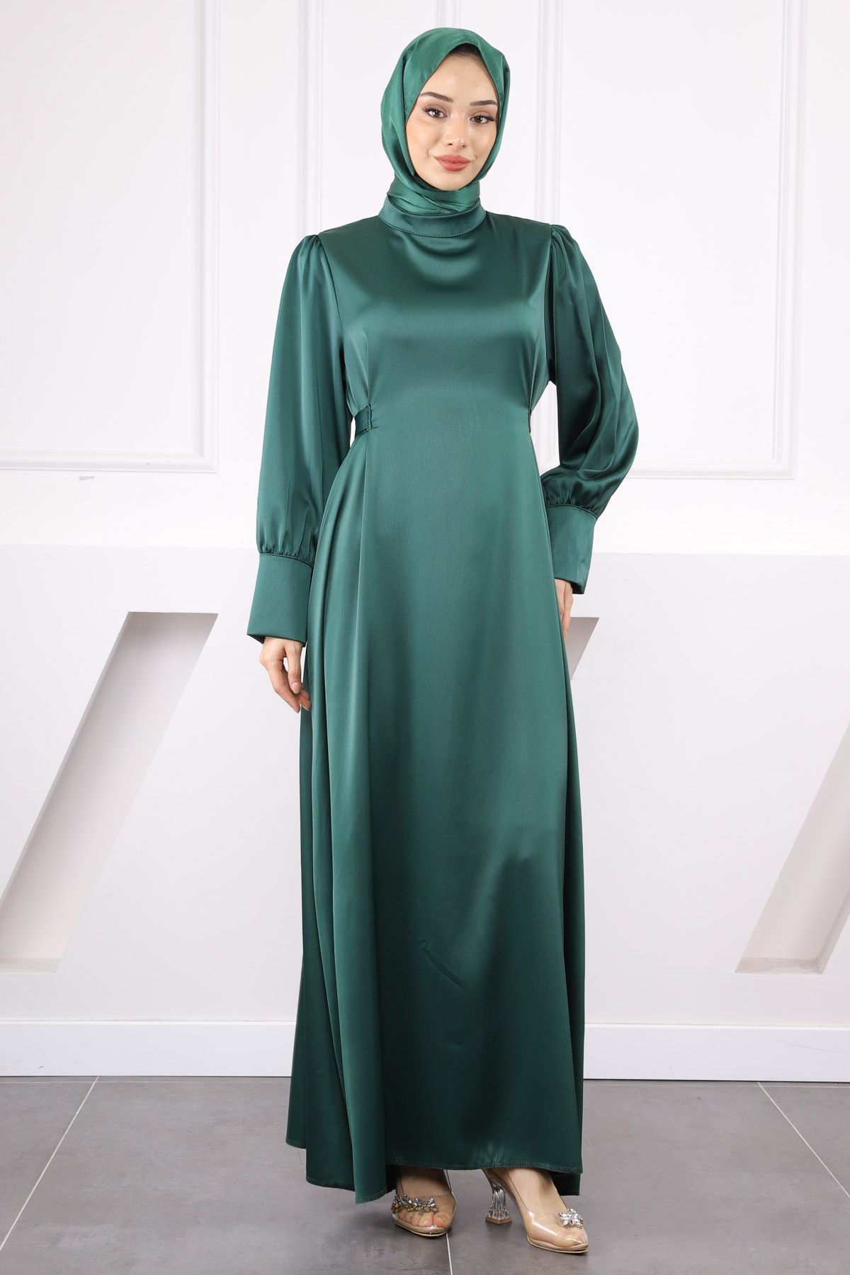İmajButik Zümrüt Yeşili Kol Düğmeli Beli Kuşaklı Saten Abiye