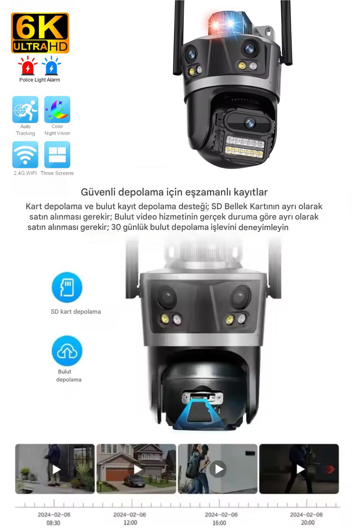 12MP 6K 3 Lensli Çakarlı 8X Zoom Su Geçirmez Hareket Sensörlü IP Güvenlik Kamerası CMR-56
