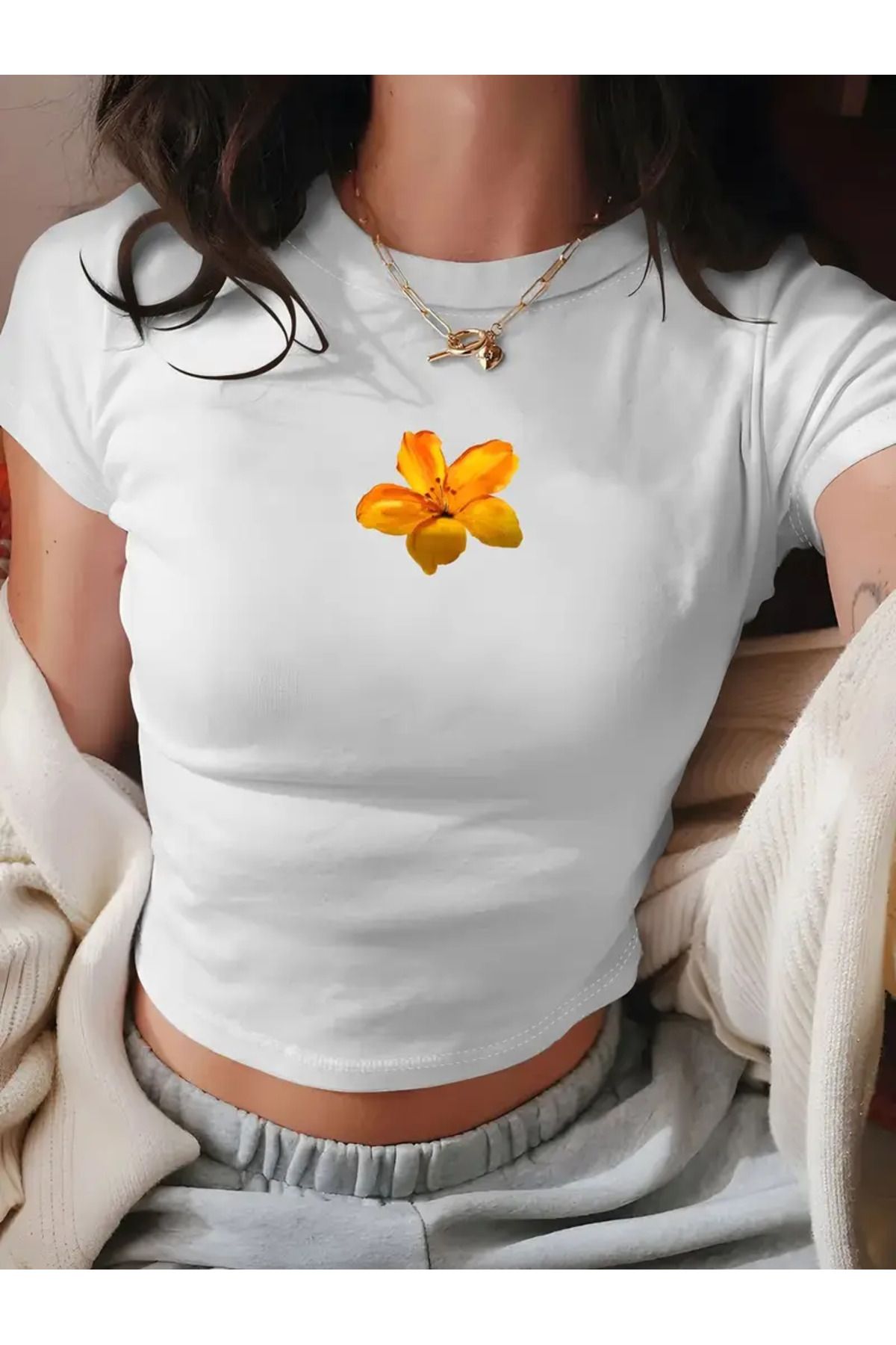 JANSO GROUP -KADIN CROP TSHIRT GÜL BASKILI PAMUKLU