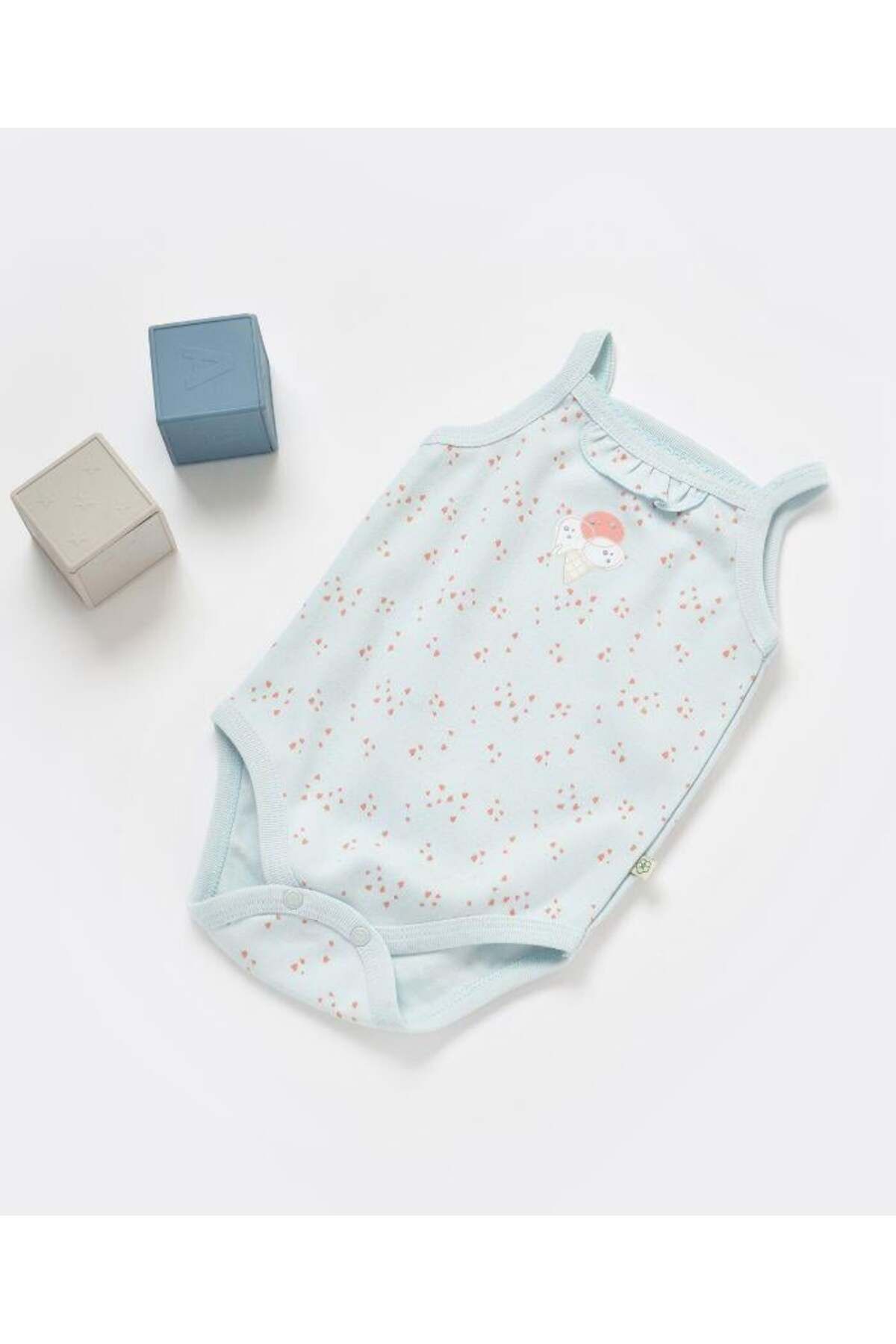 Bibaby Kız Bebek İnce Askılı Kalp Baskılı Sıfır Kol Yeşil Renk Bady - 3 - 24 Ay - Pamuklu - Yeşil Renk -