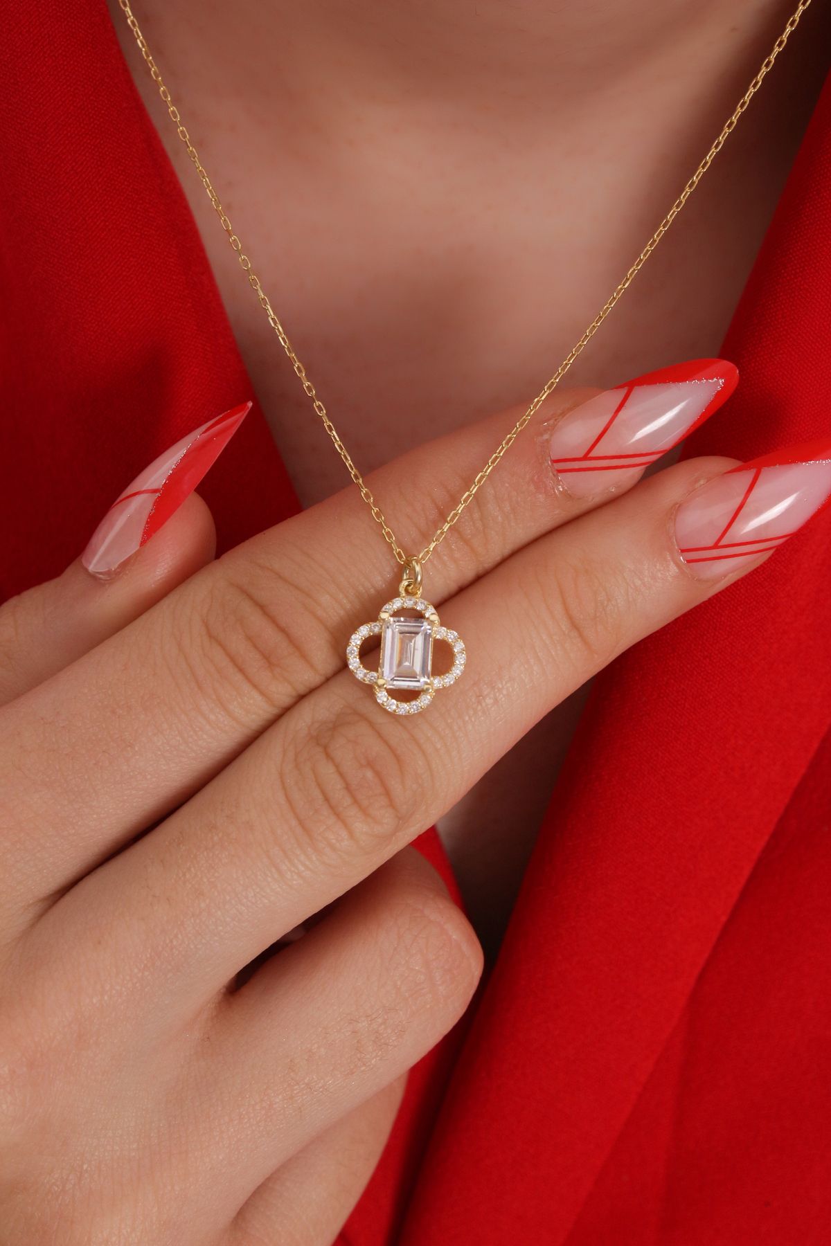 LİNOVE JEWELLERY Diamond Baget Kolye, 925 Ayar Gümüş Kolye, Yonca Baget Kolye, Gümüş Baget Kolye