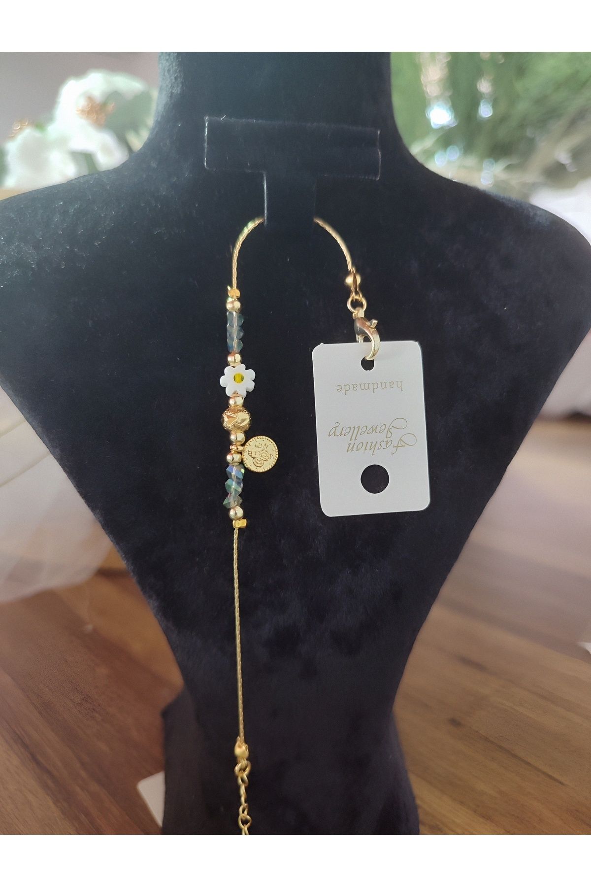 FASHİON JEWELRY Çelik Gold Renk Gri Kristalimsi Boncuklu Bileklik