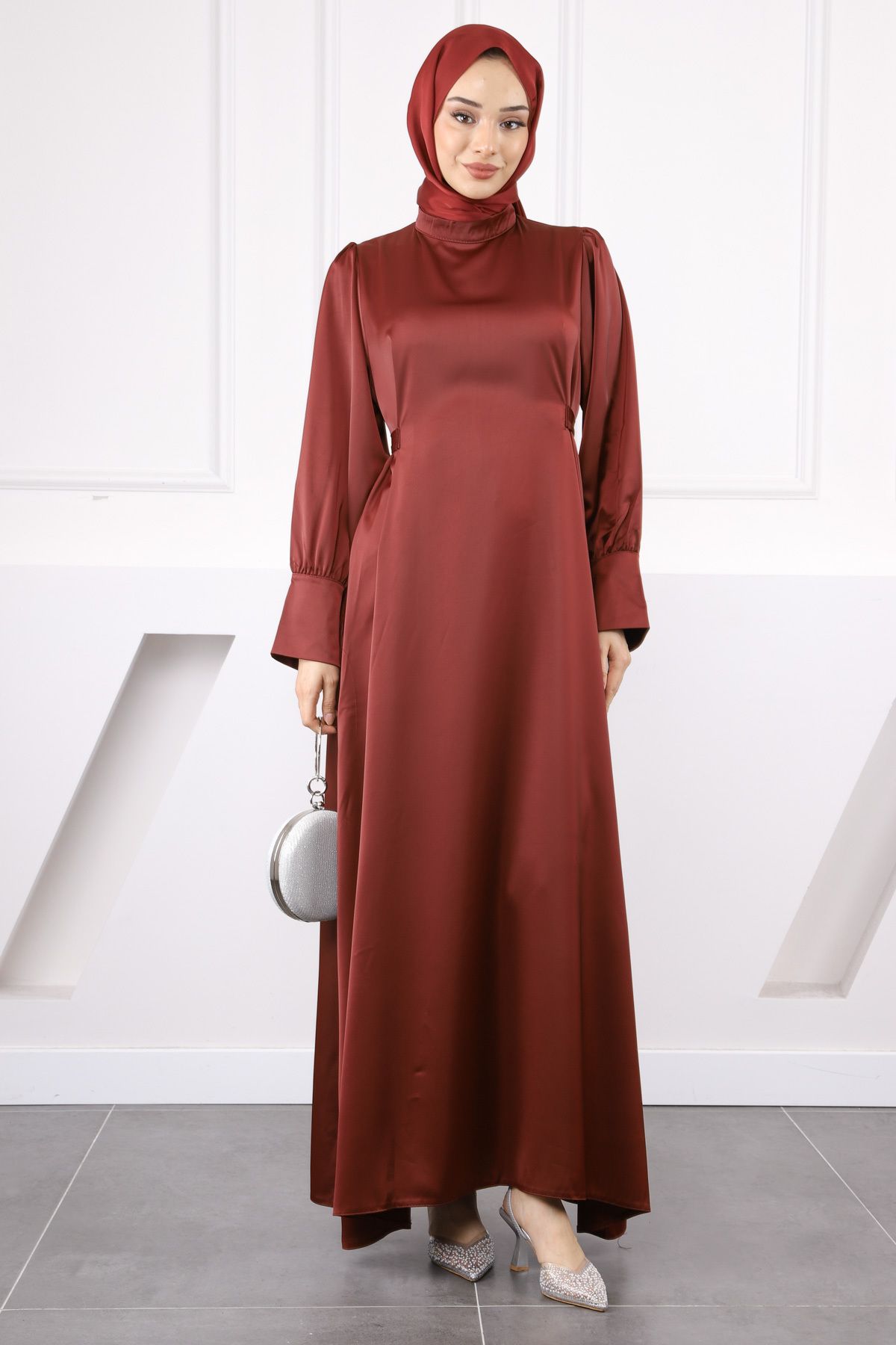 İmajButik Bordo Kol Düğmeli Beli Kuşaklı Saten Abiye