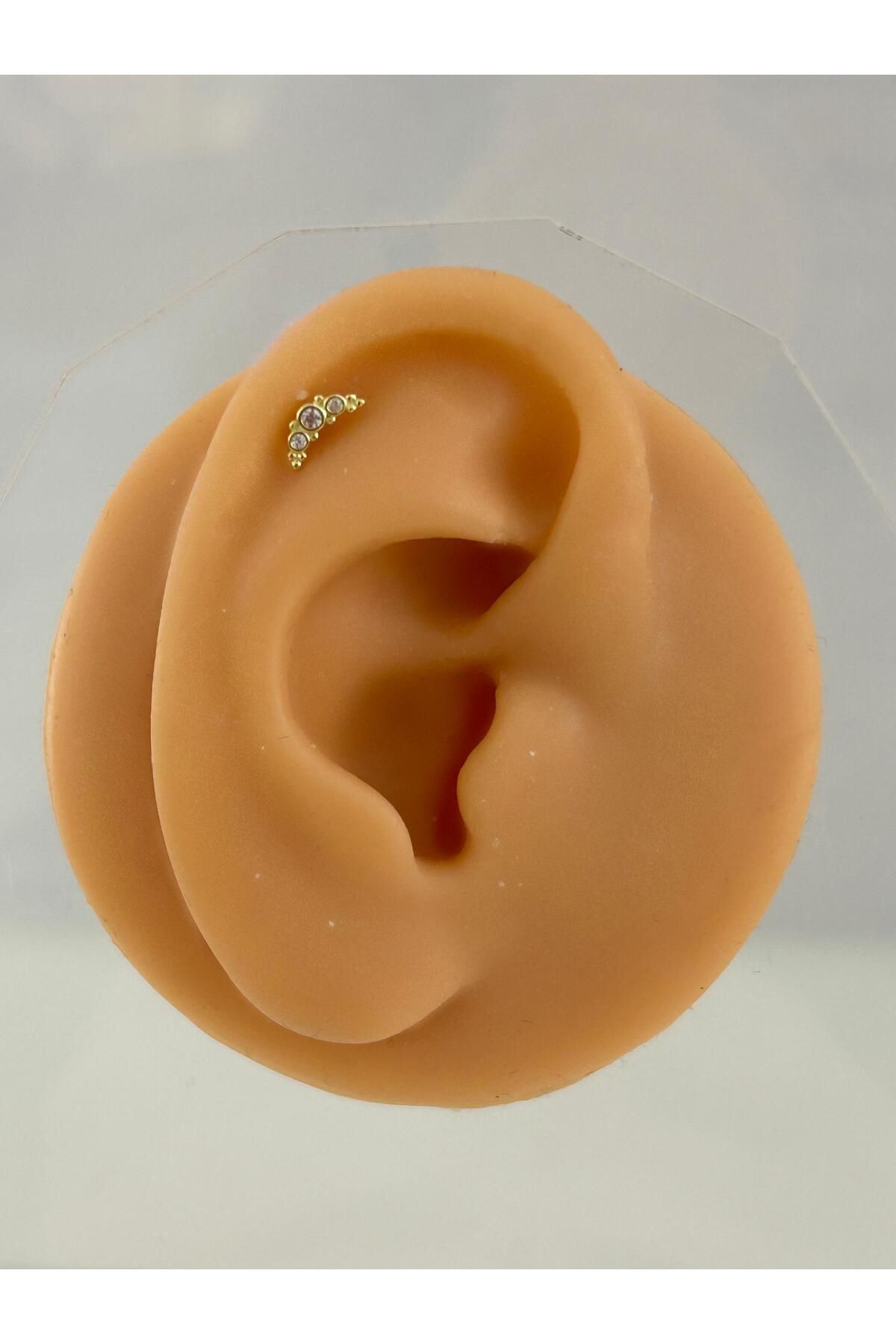 Siminkari 925 Ayar Gümüş Üzerine Mikron Altın Kaplama Üç Taşlı Minimal Gold Piercing Tragus Helix