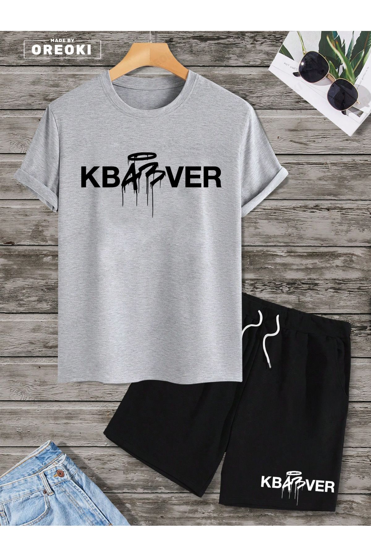 EFFRENATU KBABVER Baskılı Pamuklu Kumaş Gri T-shirt-Siyah Şort Takım