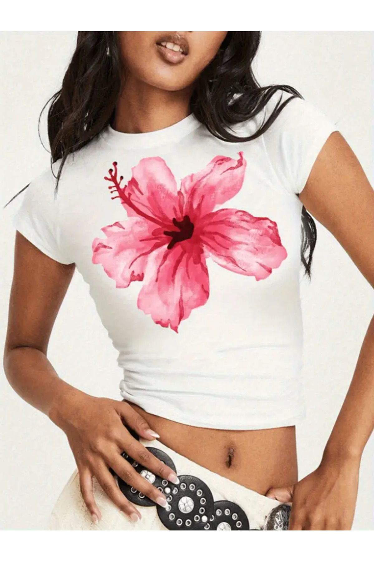 JANSO GROUP -KADIN CROP TSHIRT ÇİÇEK BASKILI PAMUKLU