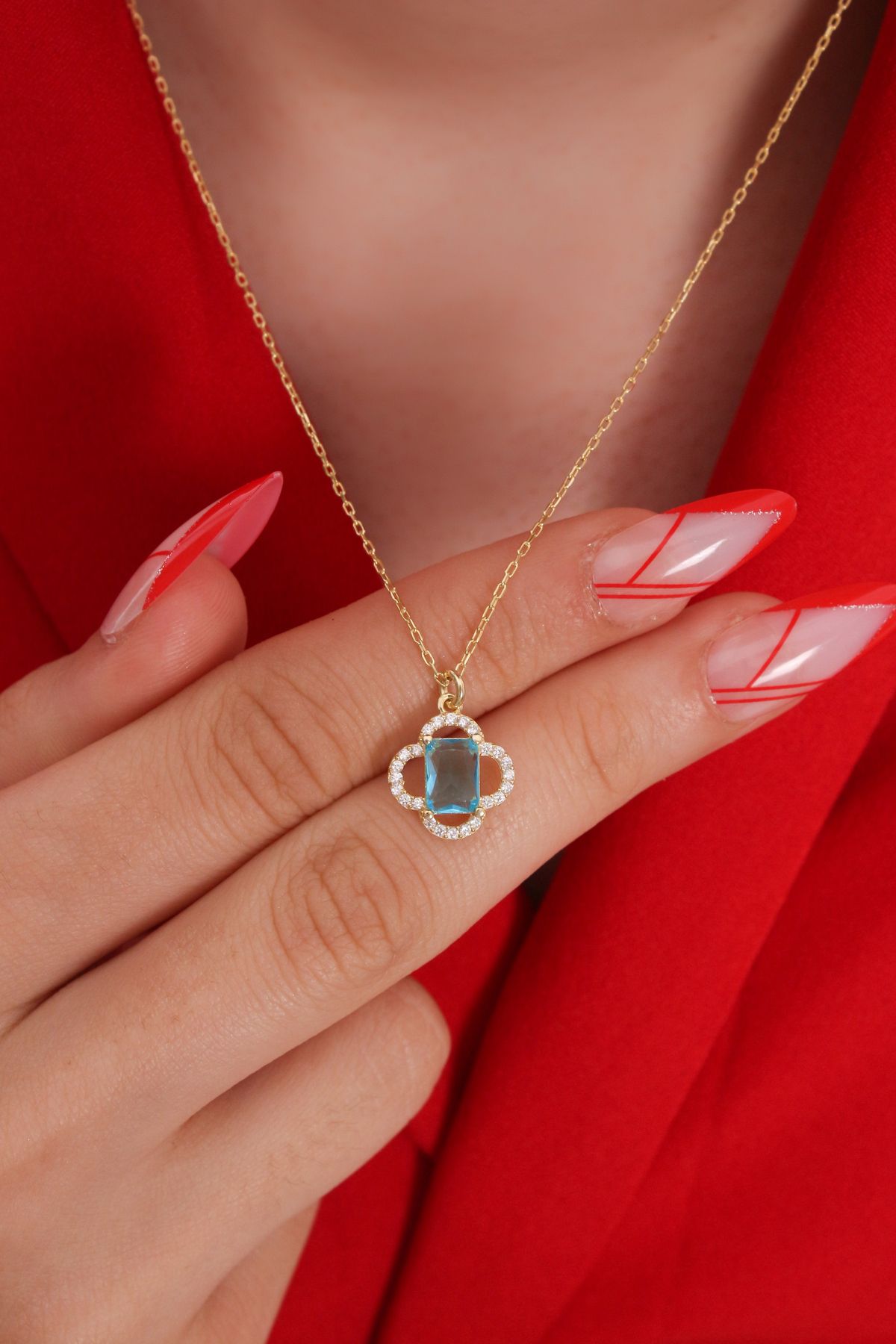 LİNOVE JEWELLERY Aquamarin Baget Kolye, 925 Ayar Gümüş Kolye, Yonca Aqua Kolye, Gümüş Marc Kolye