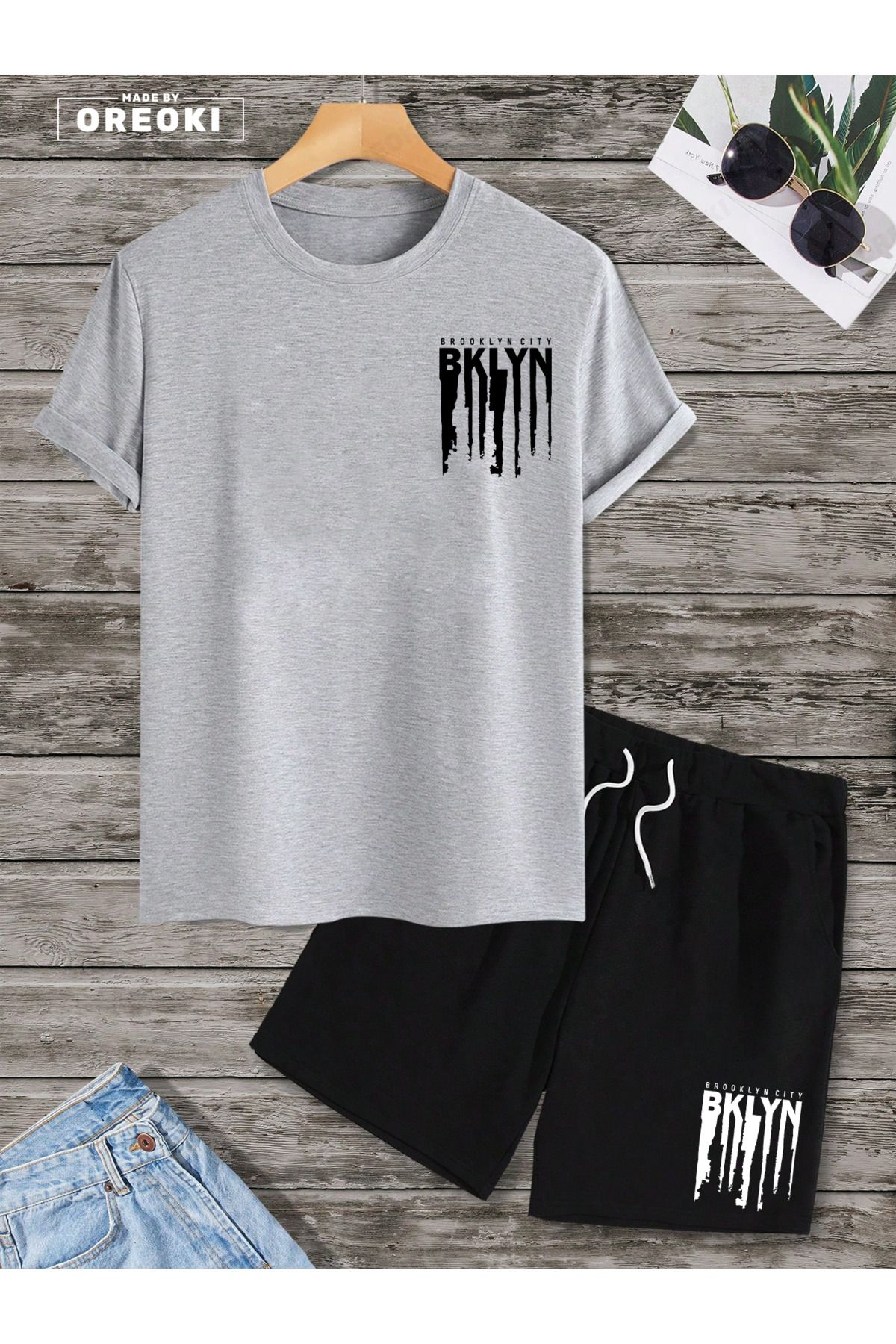EFFRENATU BKLYN Baskılı Pamuklu Kumaş Erkek Gri T-shirt- Siyah Şort Takım