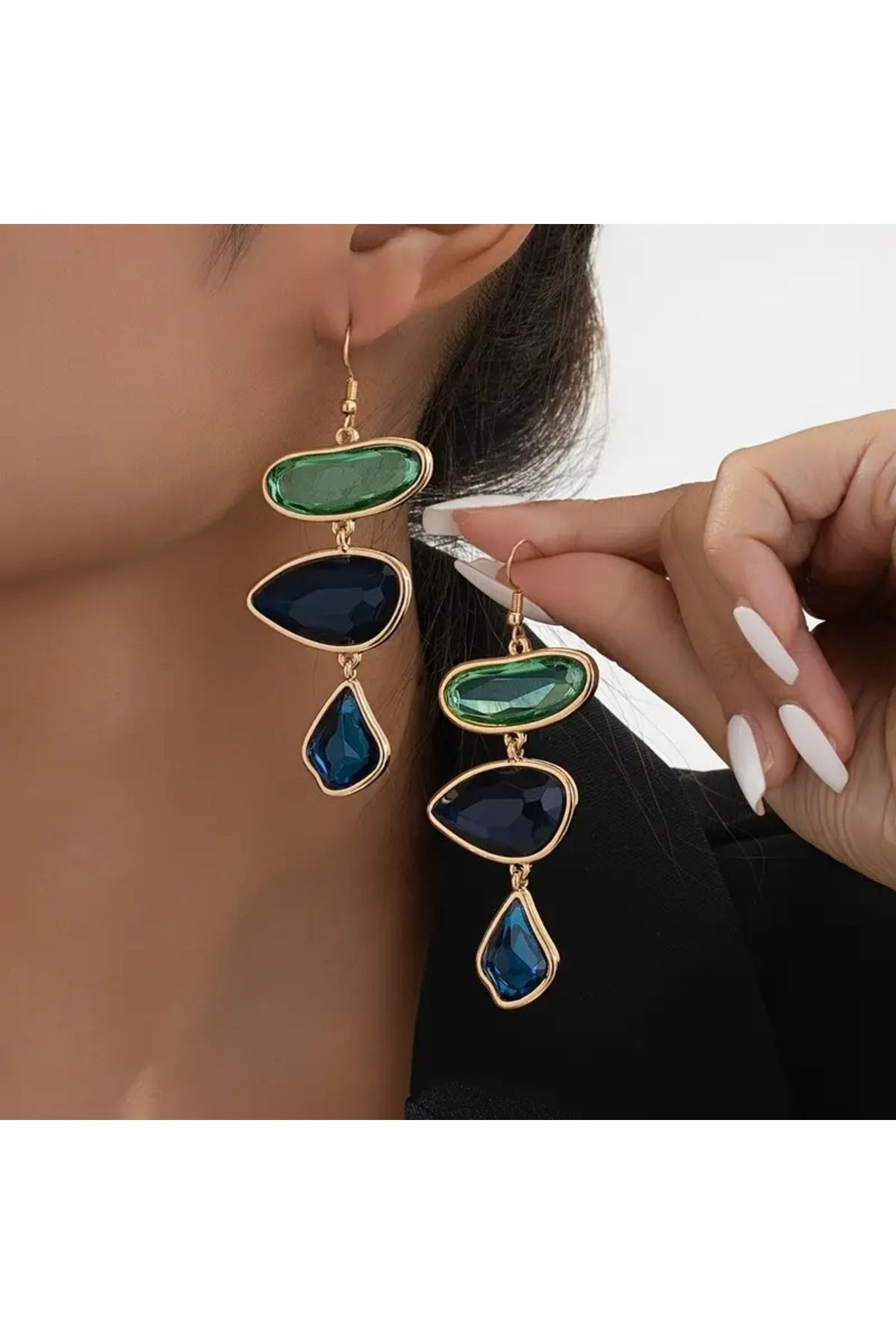 mujeres Uzun, Renkli Taşlı Kadin Küpe, Retro Stil, Asimetrik, Gold Çerçeveli, Bohem ve Gösterişli Tasarım
