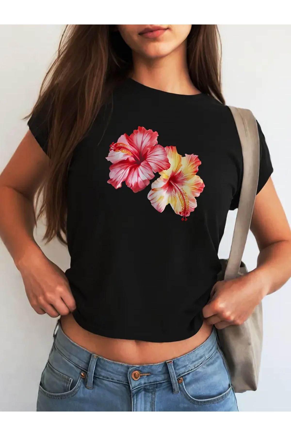 JANSO GROUP -KADIN CROP TSHIRT ÇİÇEK BASKILI PAMUKLU