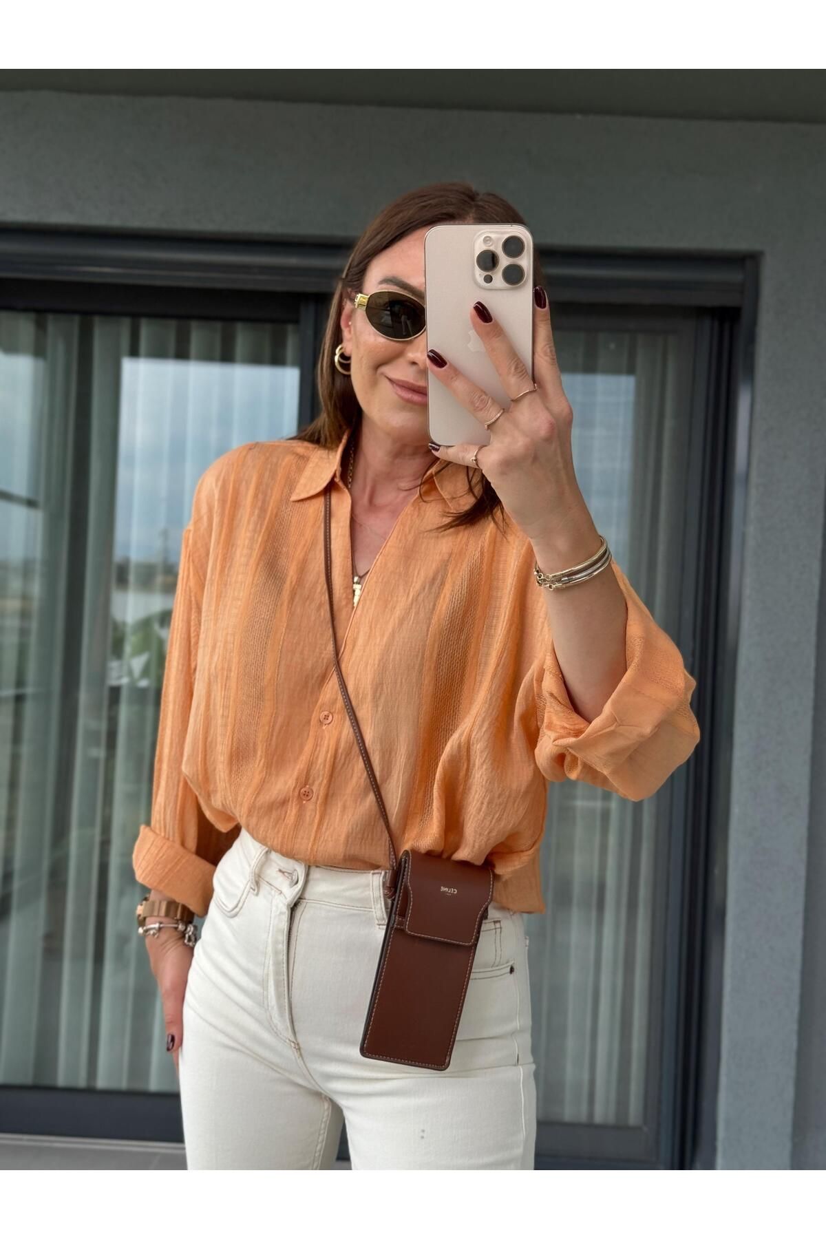 X-Young V Yaka Dokuma Detaylı Oversize Gömlek ORANGE