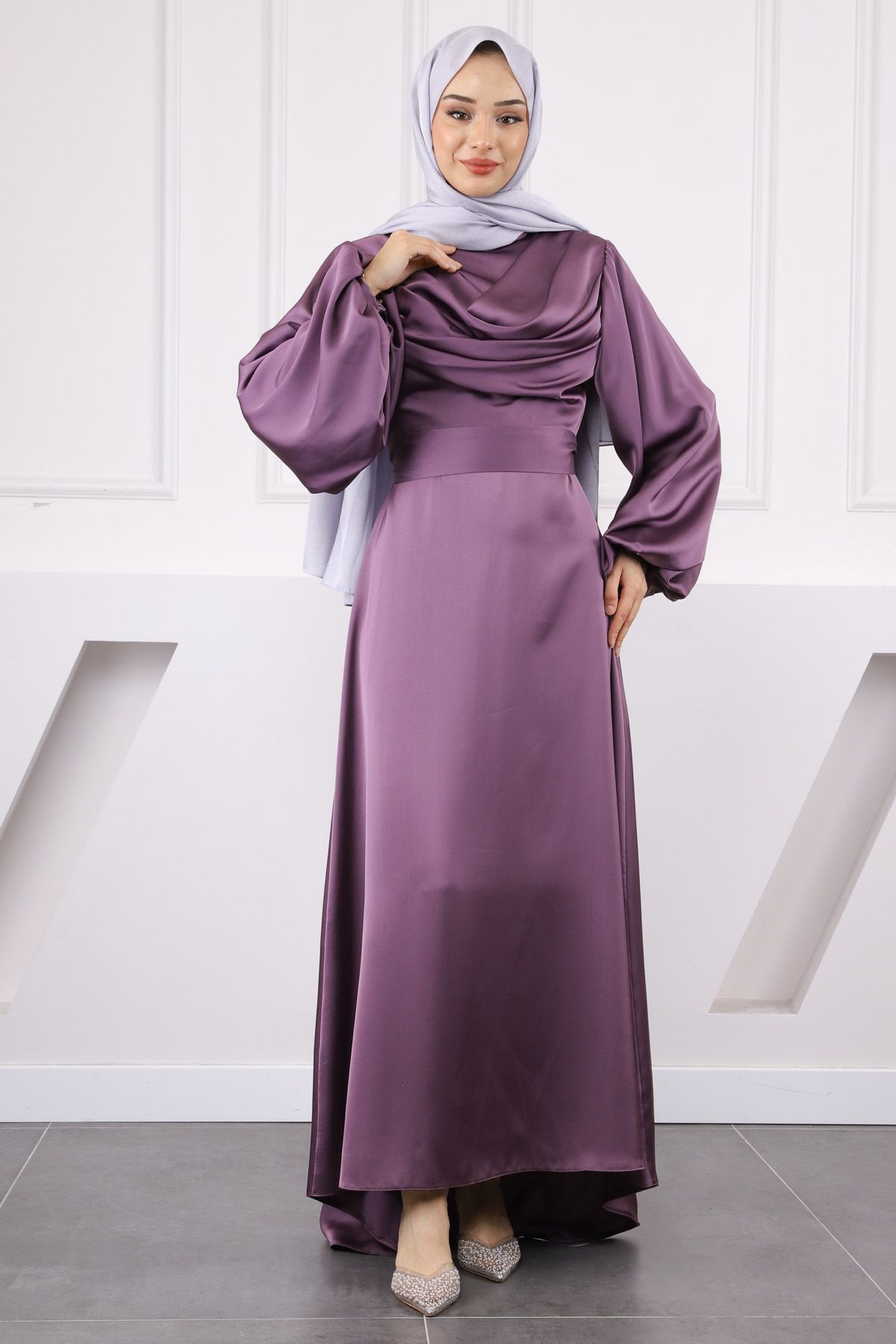 İmajButik Mor Balon Kol Saten Abiye
