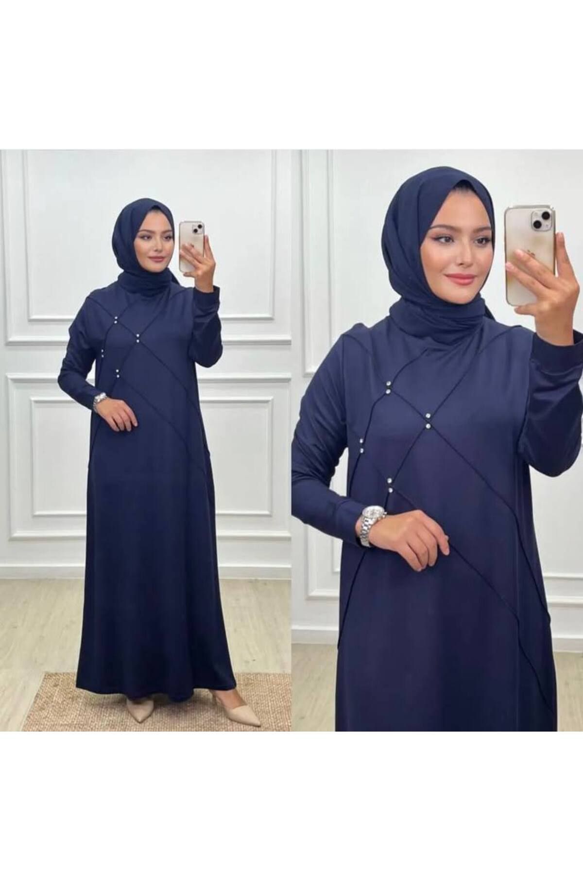 CELTMODA Kadın Taş Detaylı Düz Uzun Penye Elbise - Lacivert