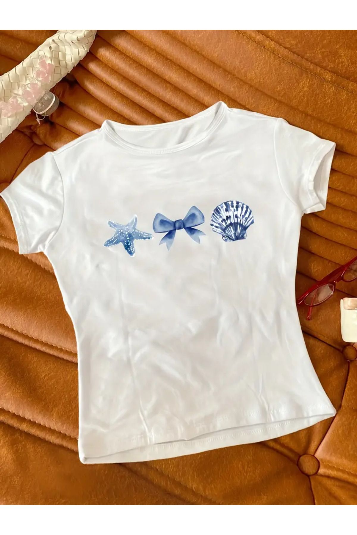 JANSO GROUP -KADIN CROP TSHIRT DENİZ BASKILI PAMUKLU