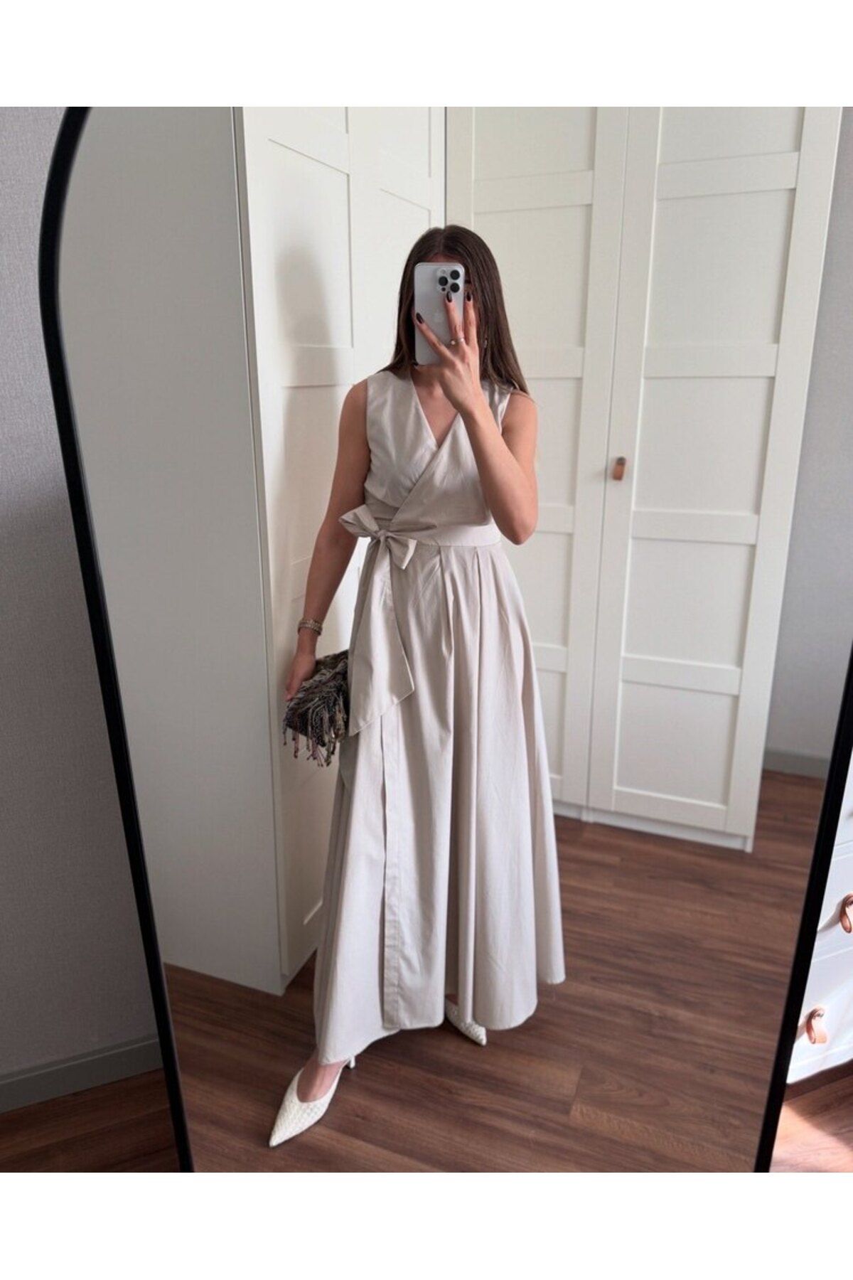 Hotfashion BELİ BAĞLAMALI KRUVAZE SIFIR KOLLU ELBİSE