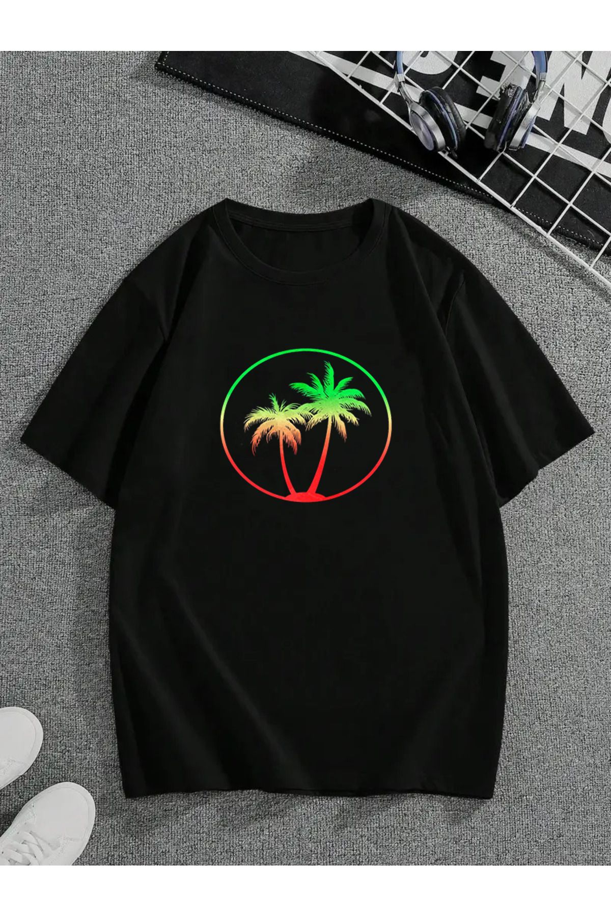 MODA Unisex Oversize Kalıp Palmiye Baskılı T-Shirt
