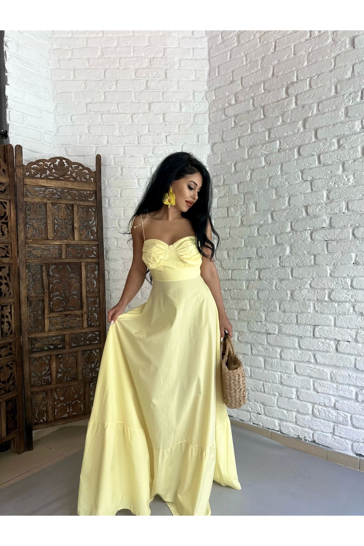moneta boutique Kadın Askılı Uzun Poplin Tasarım Elbise