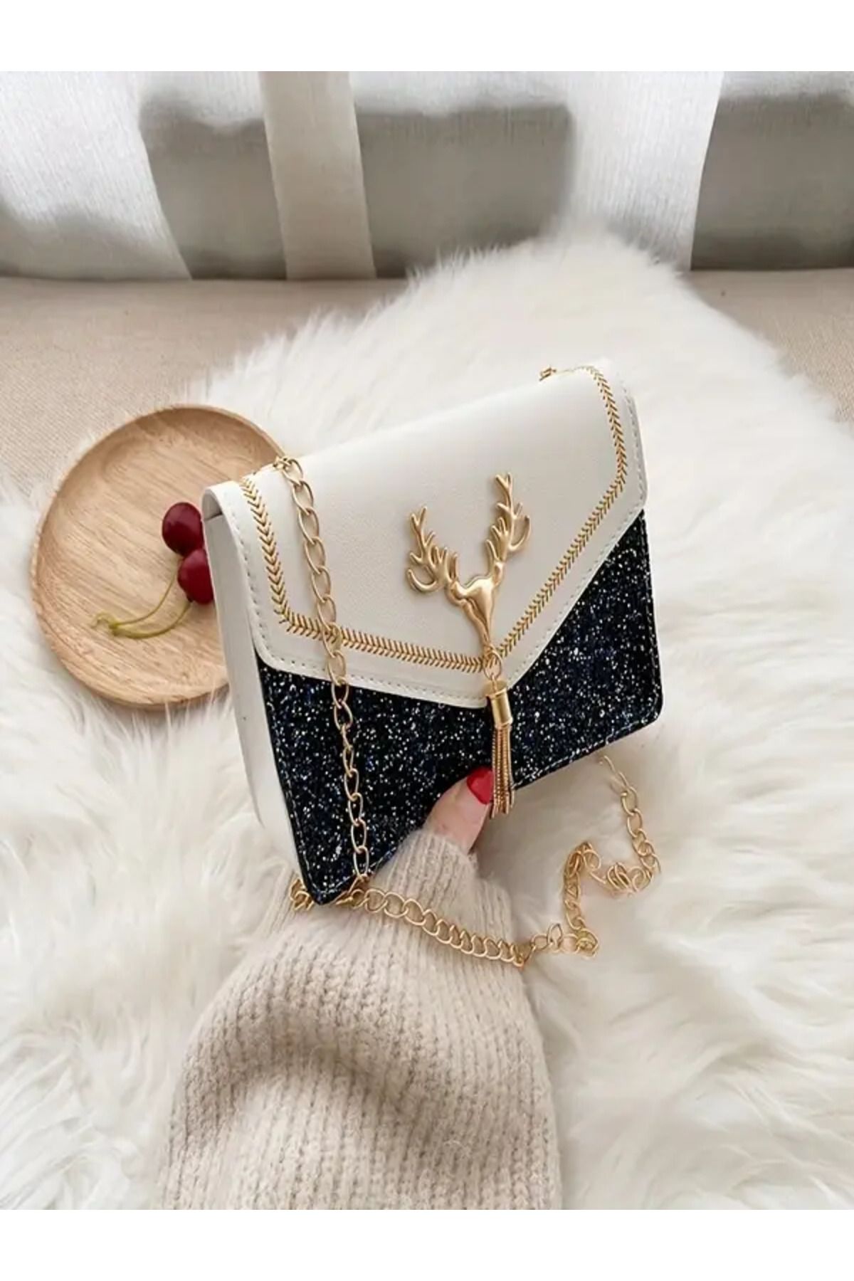 HAND MADE BAG Parıltılı Omuz Çantası Metal Zincirli Gümüş Siyah