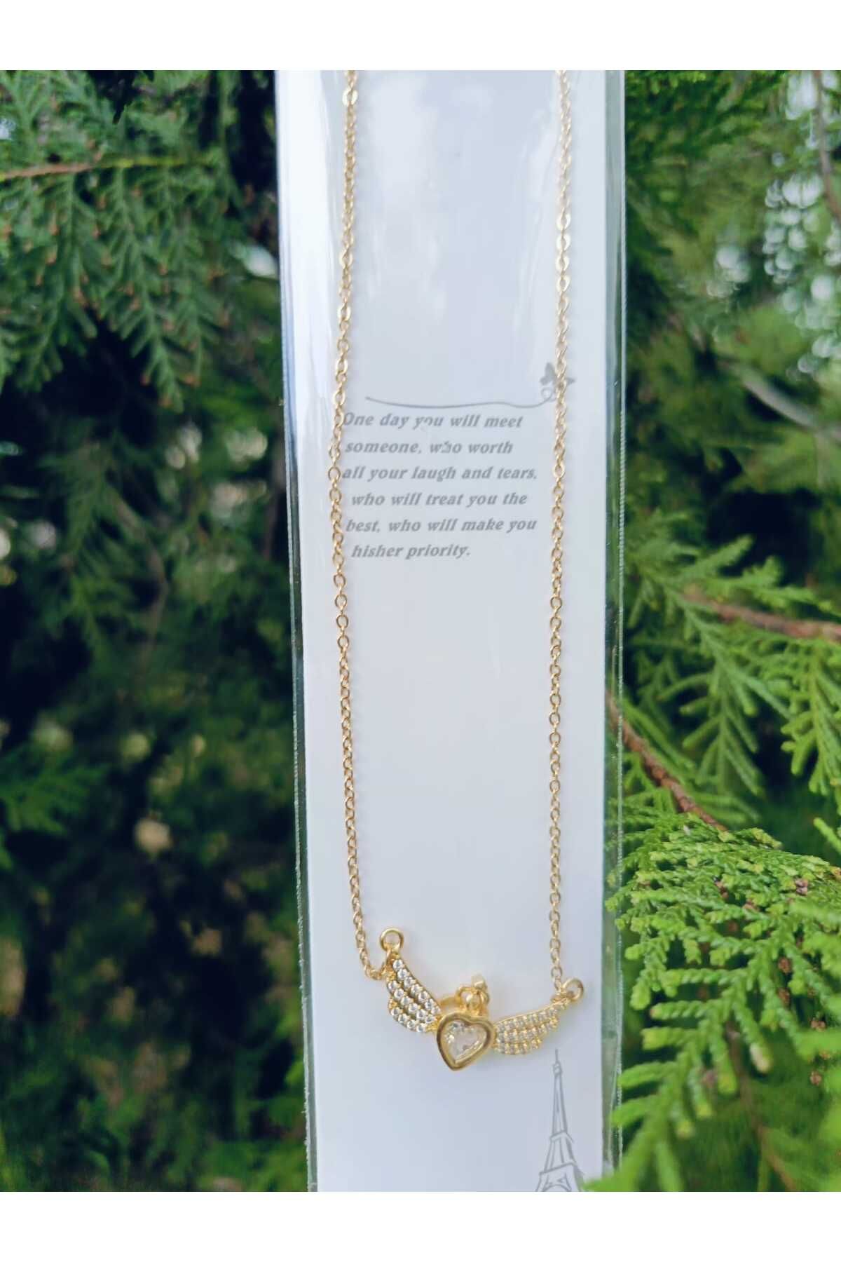 GLOW LUXE 316L Çelik Gold Renk Zirkon Taşlı Melek Kalpli Kanat Kolye