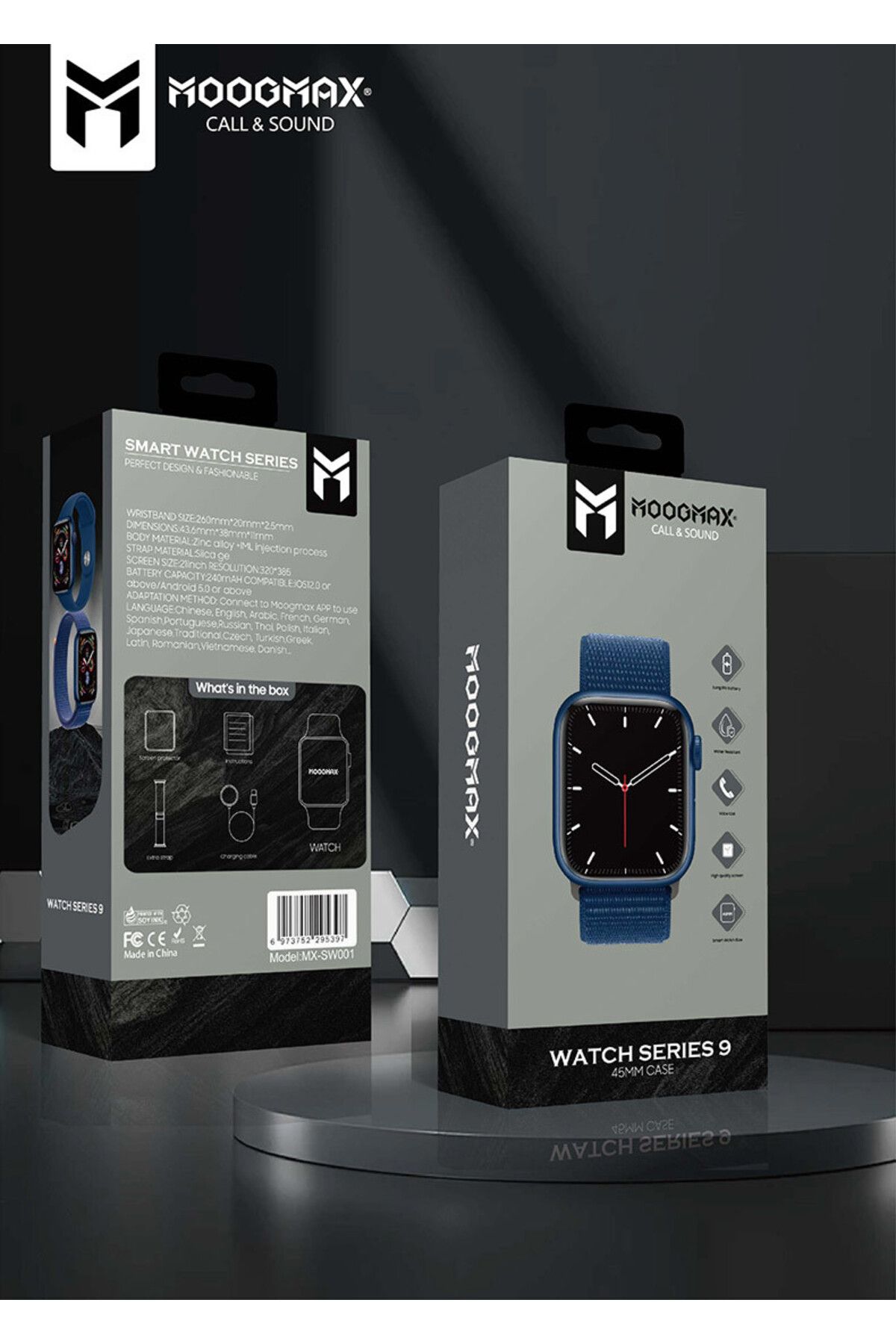 MOOGMAX-Series 9 smartwatch is water-resistant, has a high-resolution display, and a battery life of up to 10 days. It supports all notifications. 4