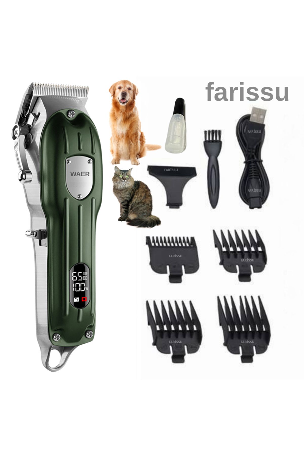 farissu WAER WA-095 Şarjlı Saç ve Sakal Kesme Makinesi – 6500 RPM Güç – 4 Taraklı – USB Şarjlı
