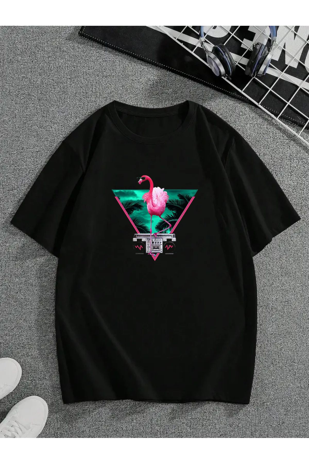 MODA Unisex Oversize Kalıp Flamingo Baskılı T-Shirt